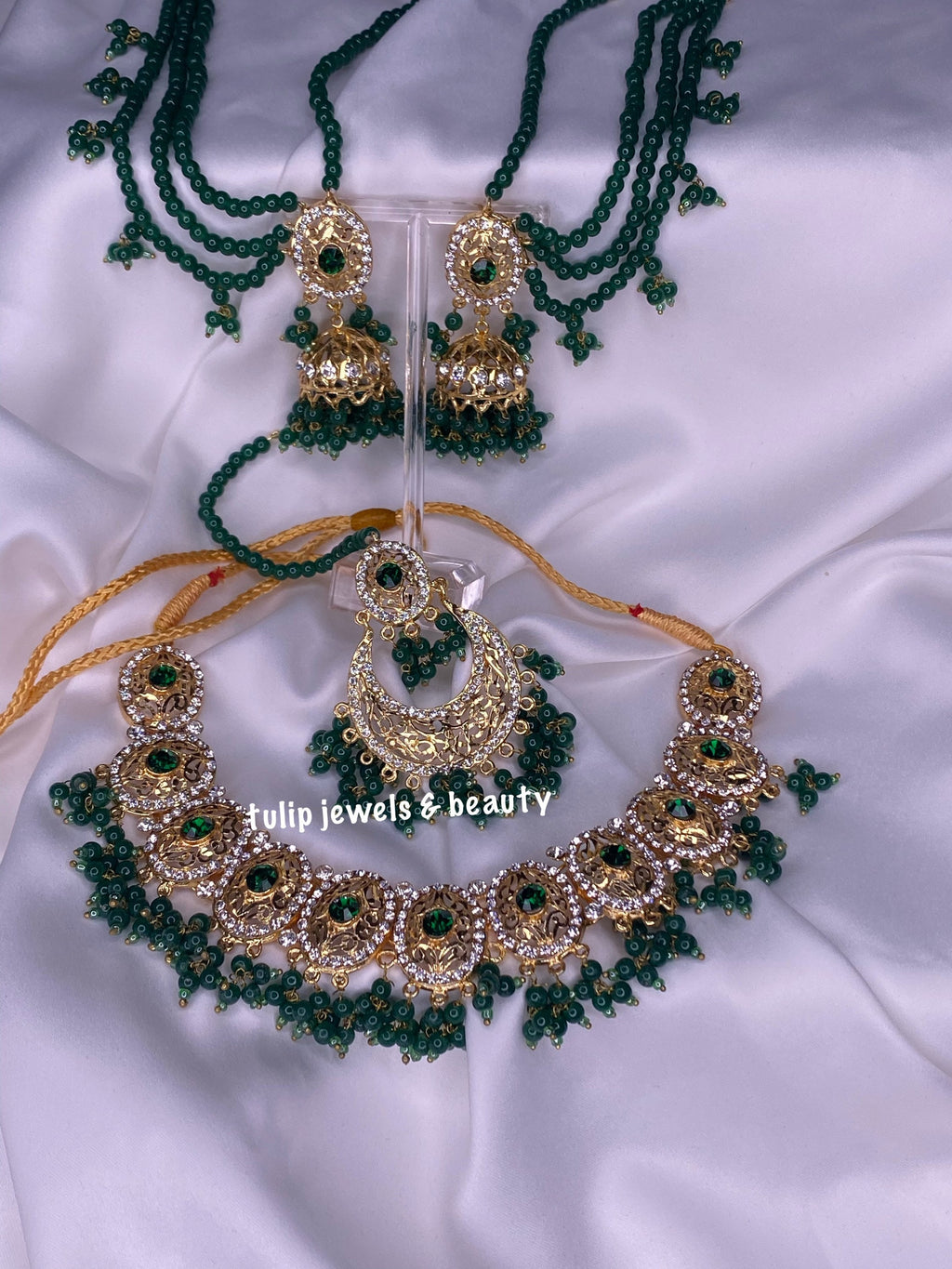 Indian/Pakistani  Traditional Hyderabadi chandballi Pearls Jewellery Set, Emerald jewellery