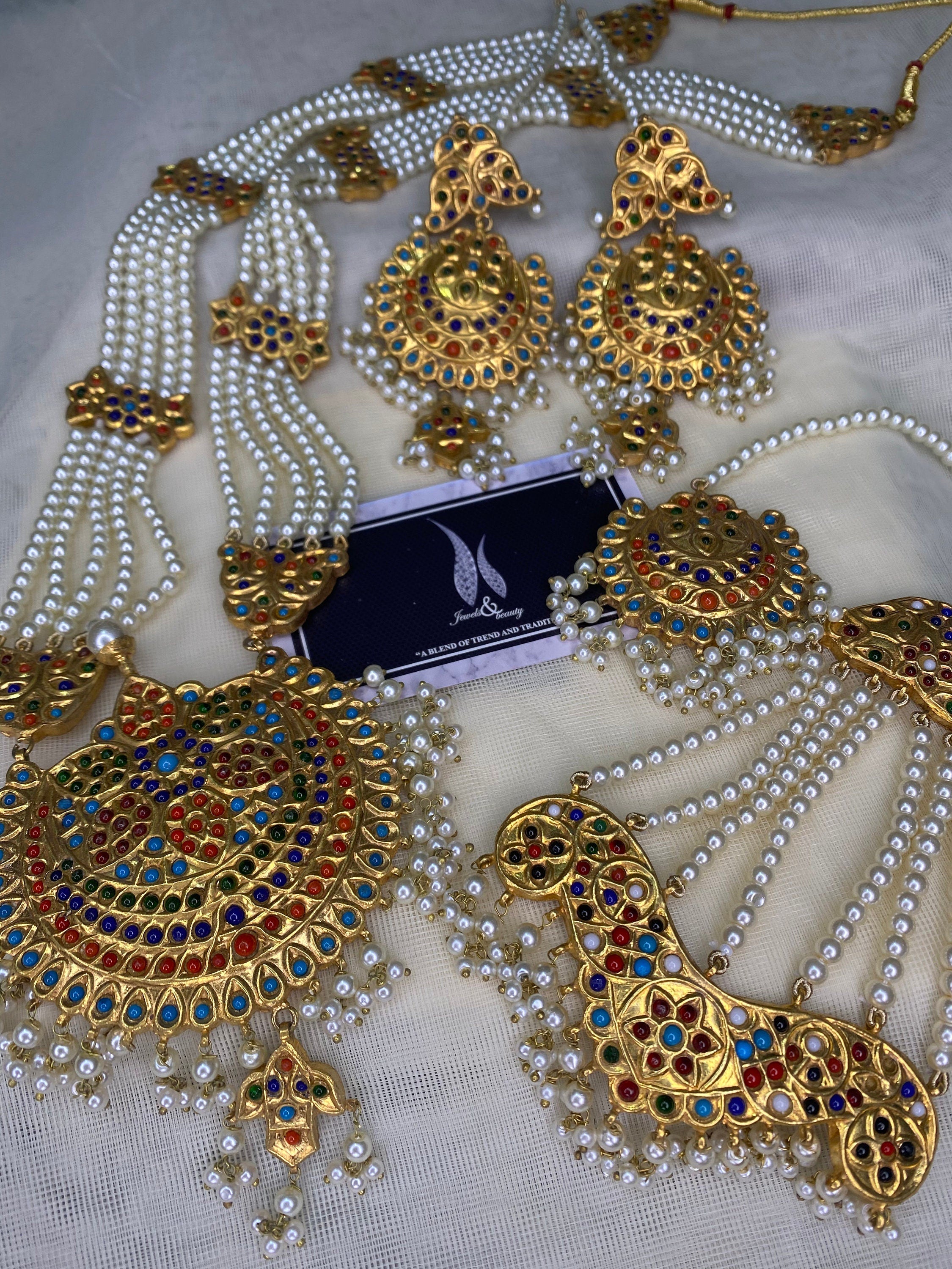Kundan Gold Plated Rani Haar Set: Mughal Navratan Pearl Jewelry