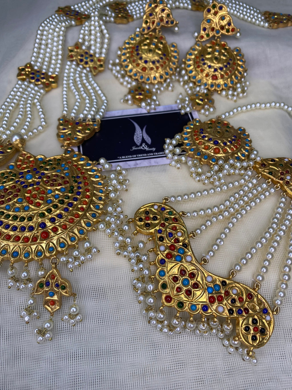Kundan Gold Plated Rani Haar Set: Mughal Navratan Pearl Jewelry
