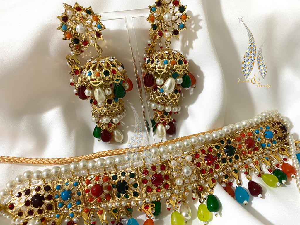 Gold Plated Mughal Choker Set: Indian Bridal Jewelry with Jhumki