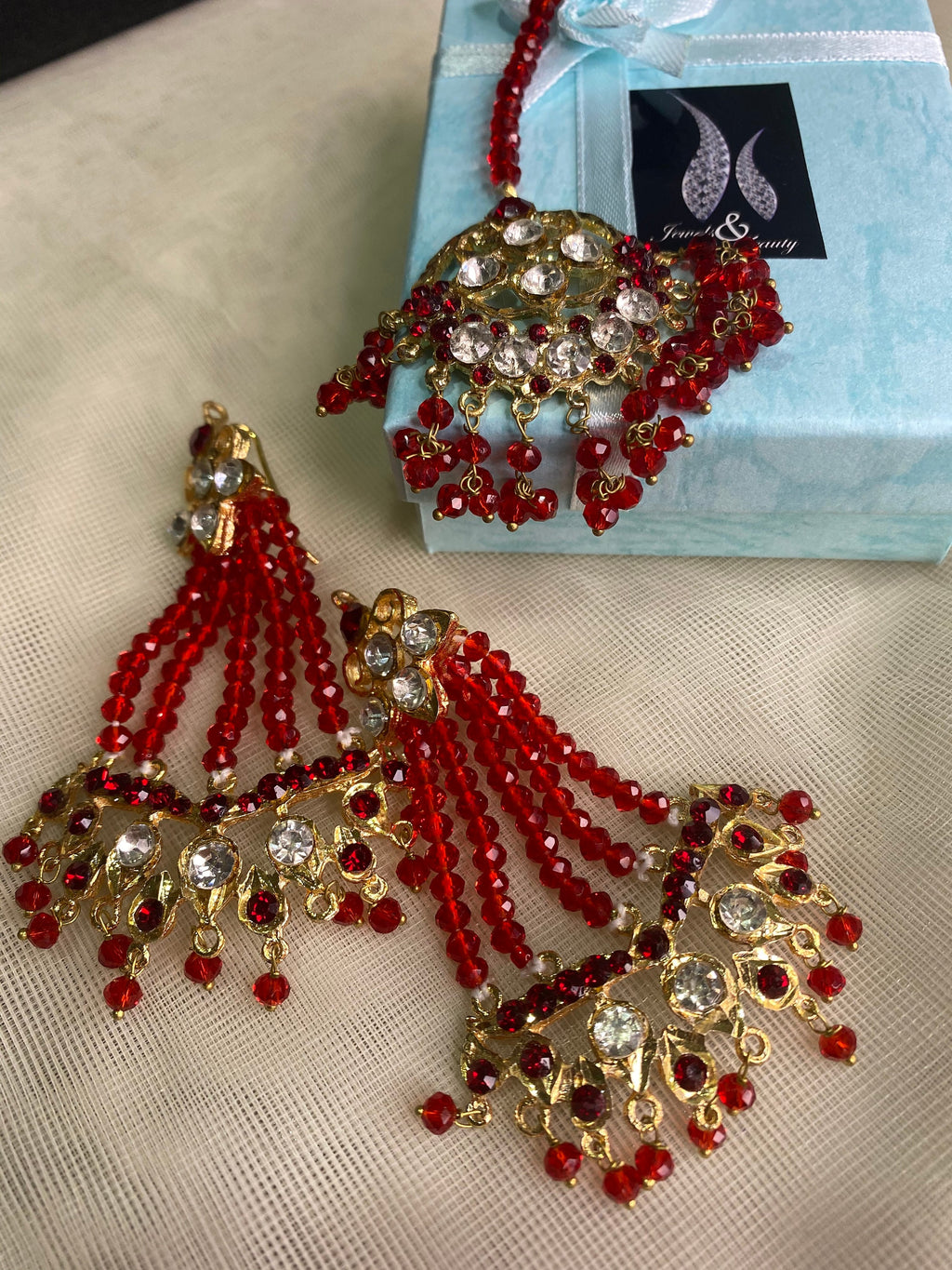 Red Crystal Indian Jewelry: Gold Plated Jhummar Earrings & Tikka Set