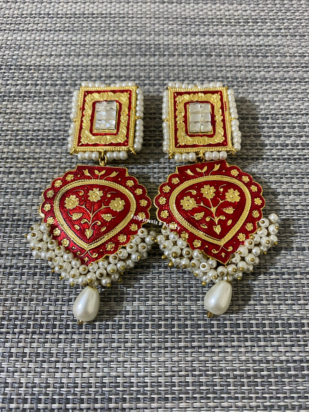 Maroon Meenakari Indian Earrings: Pearl Bridal Jewelry