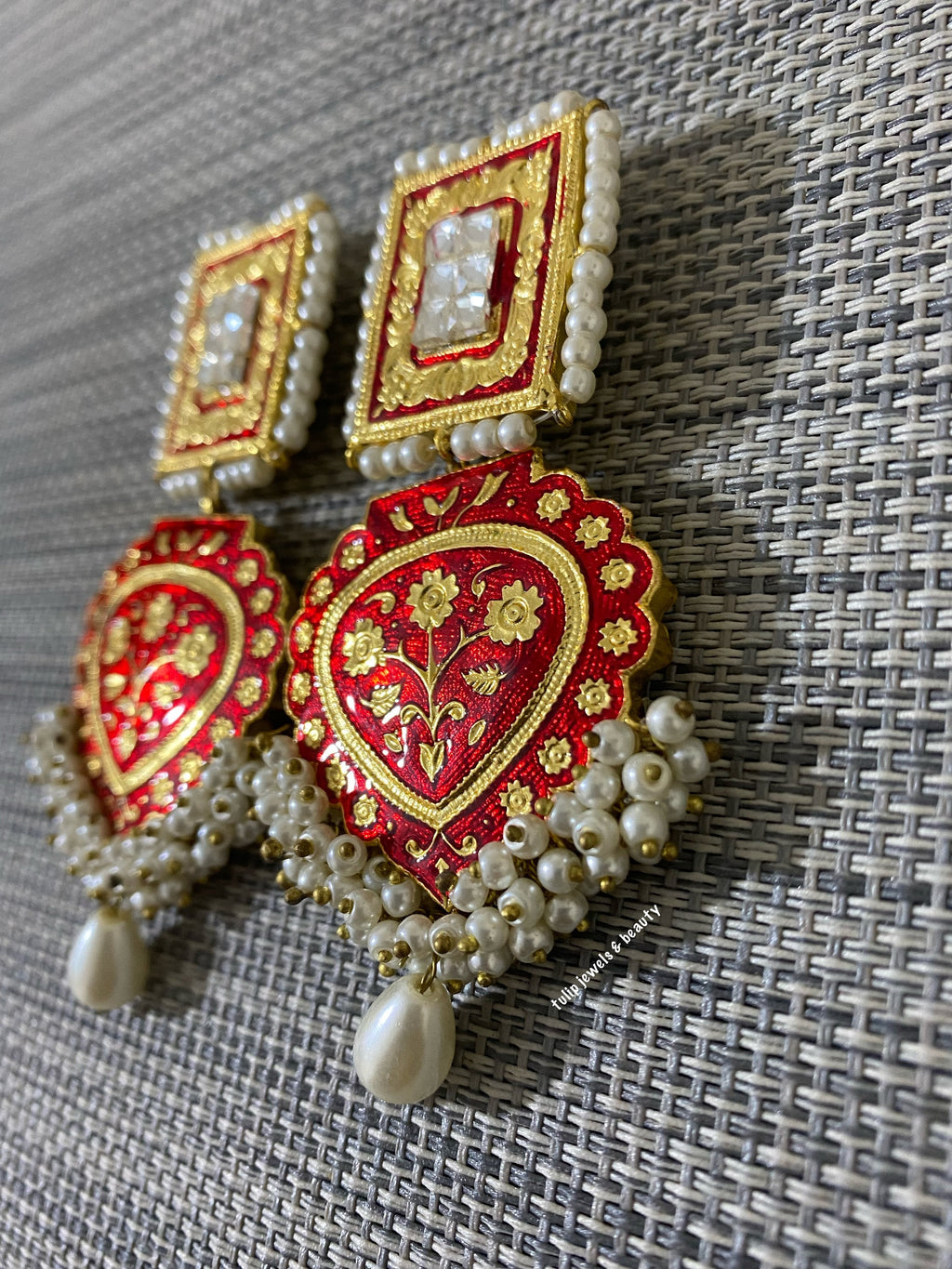 Maroon Meenakari Indian Earrings: Pearl Bridal Jewelry
