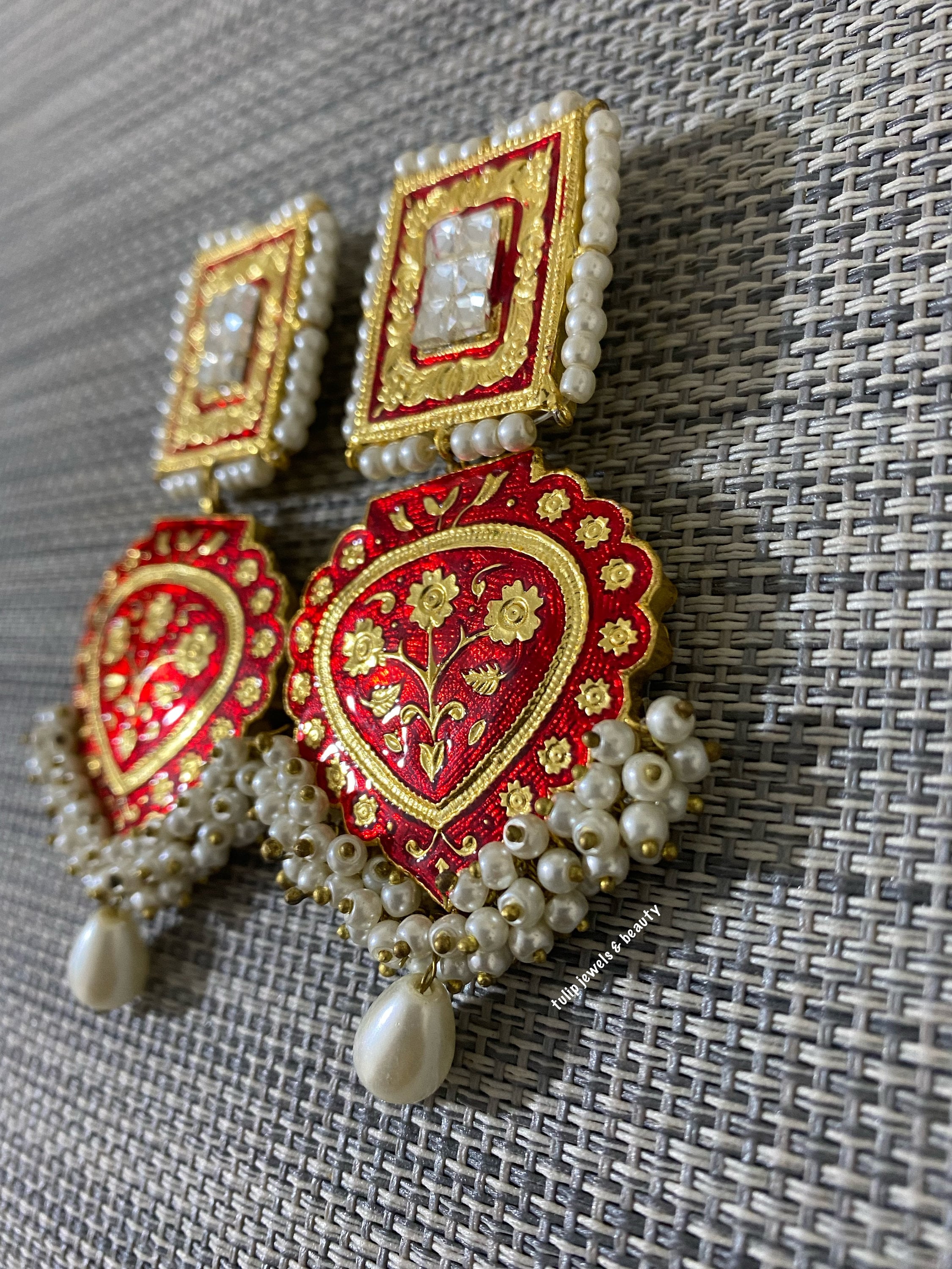 Maroon Meenakari Indian Earrings: Pearl Bridal Jewelry