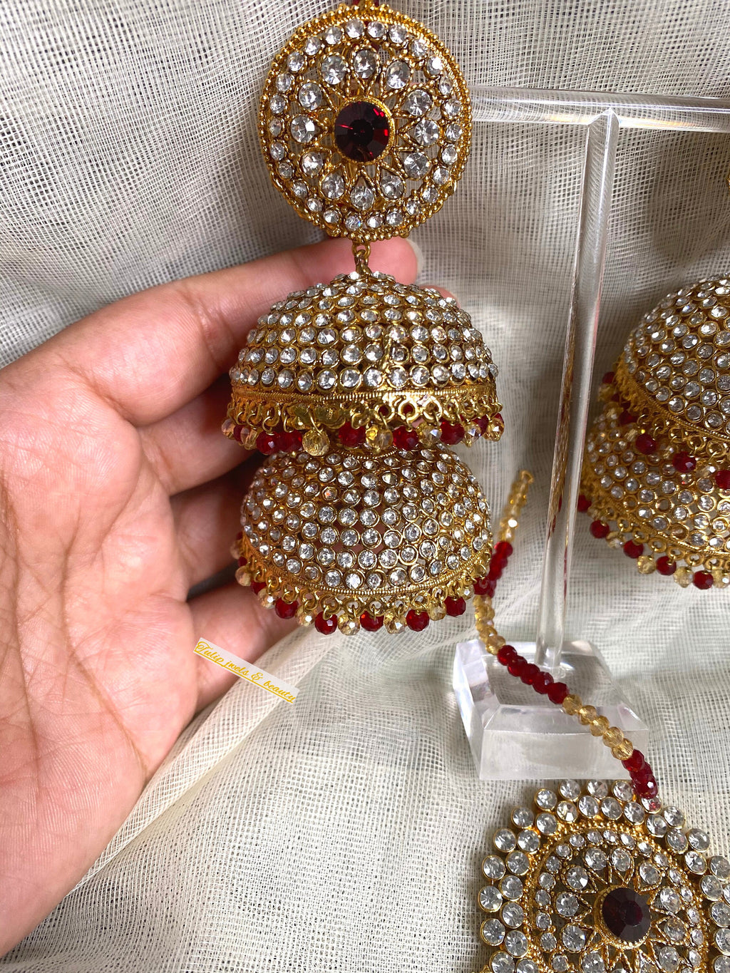 Statement Jhumki Earring Tikka Set: Maroon Indian Jewelry