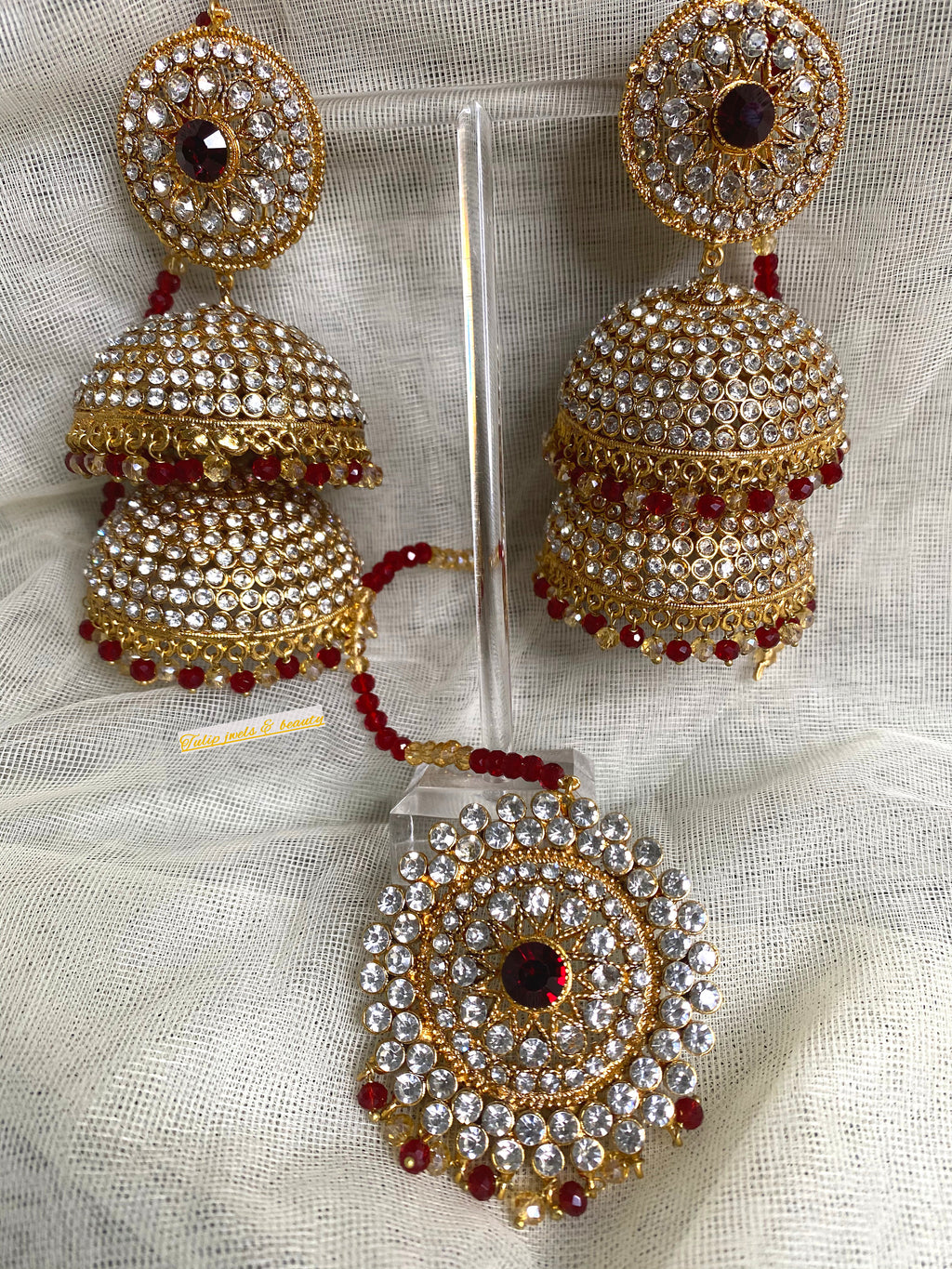 Statement Jhumki Earring Tikka Set: Maroon Indian Jewelry