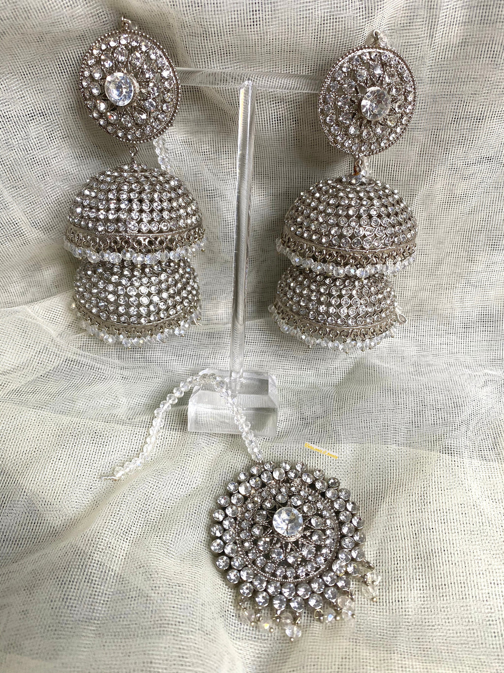 Statement Jhumki Earring and Tikka Set: Indian Silver Jewelry