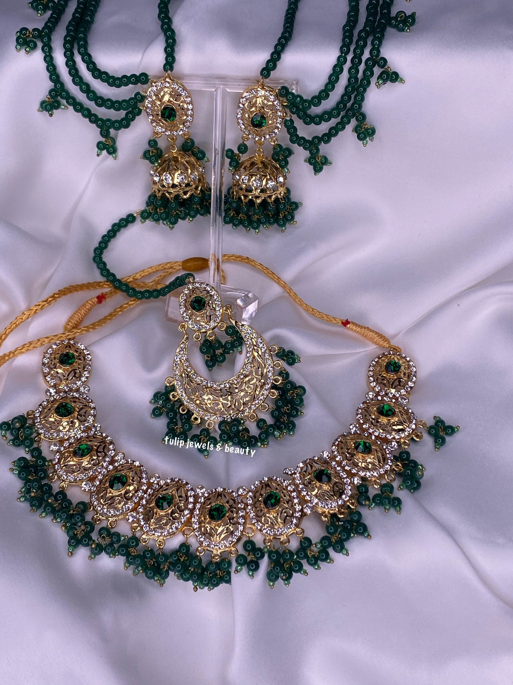 Indian/Pakistani  Traditional Hyderabadi chandballi Pearls Jewellery Set, Emerald jewellery