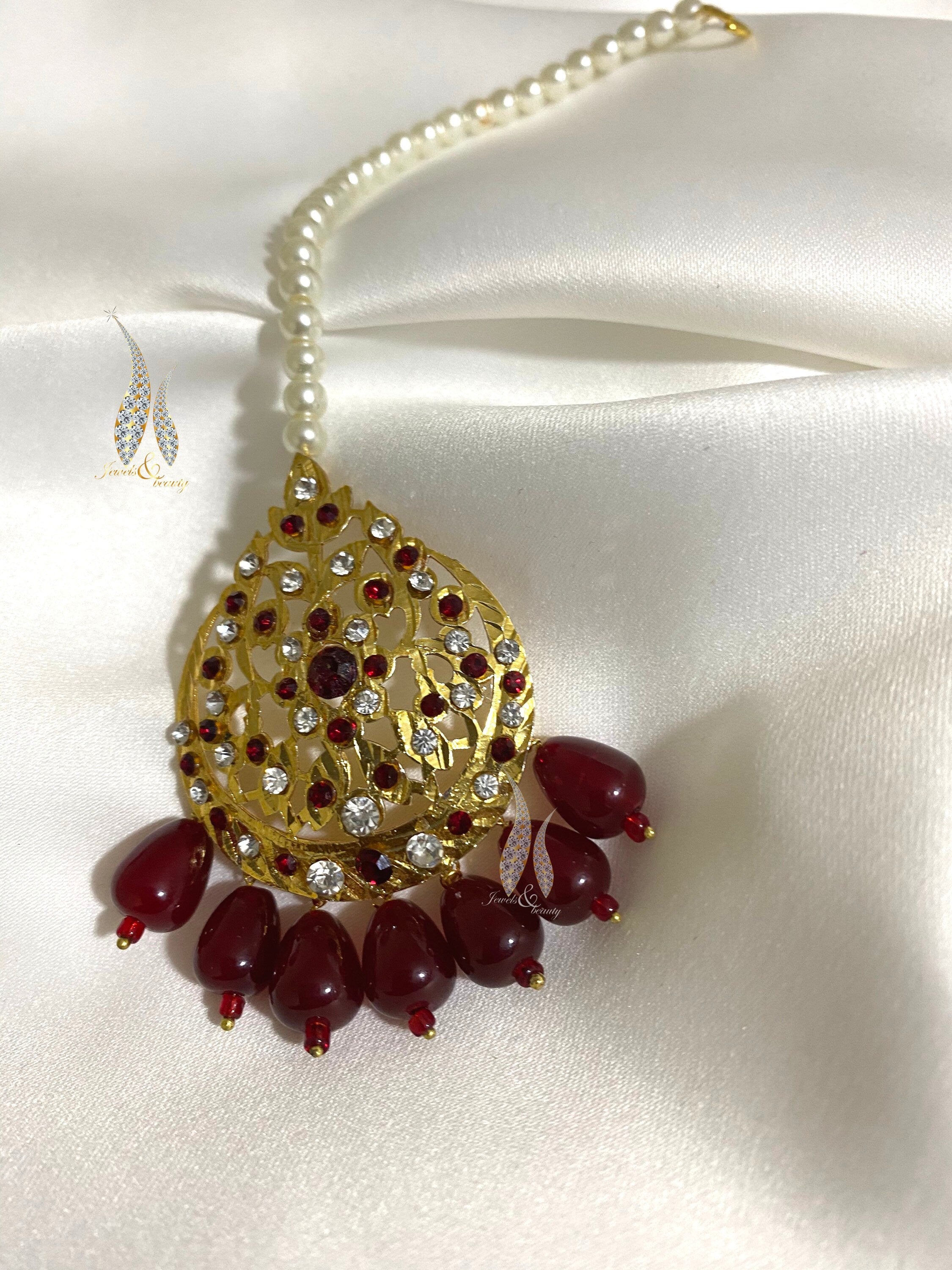 Handmade Gold Plated Jadau Tikka Headpiece: Bridal Navratan Jewelry