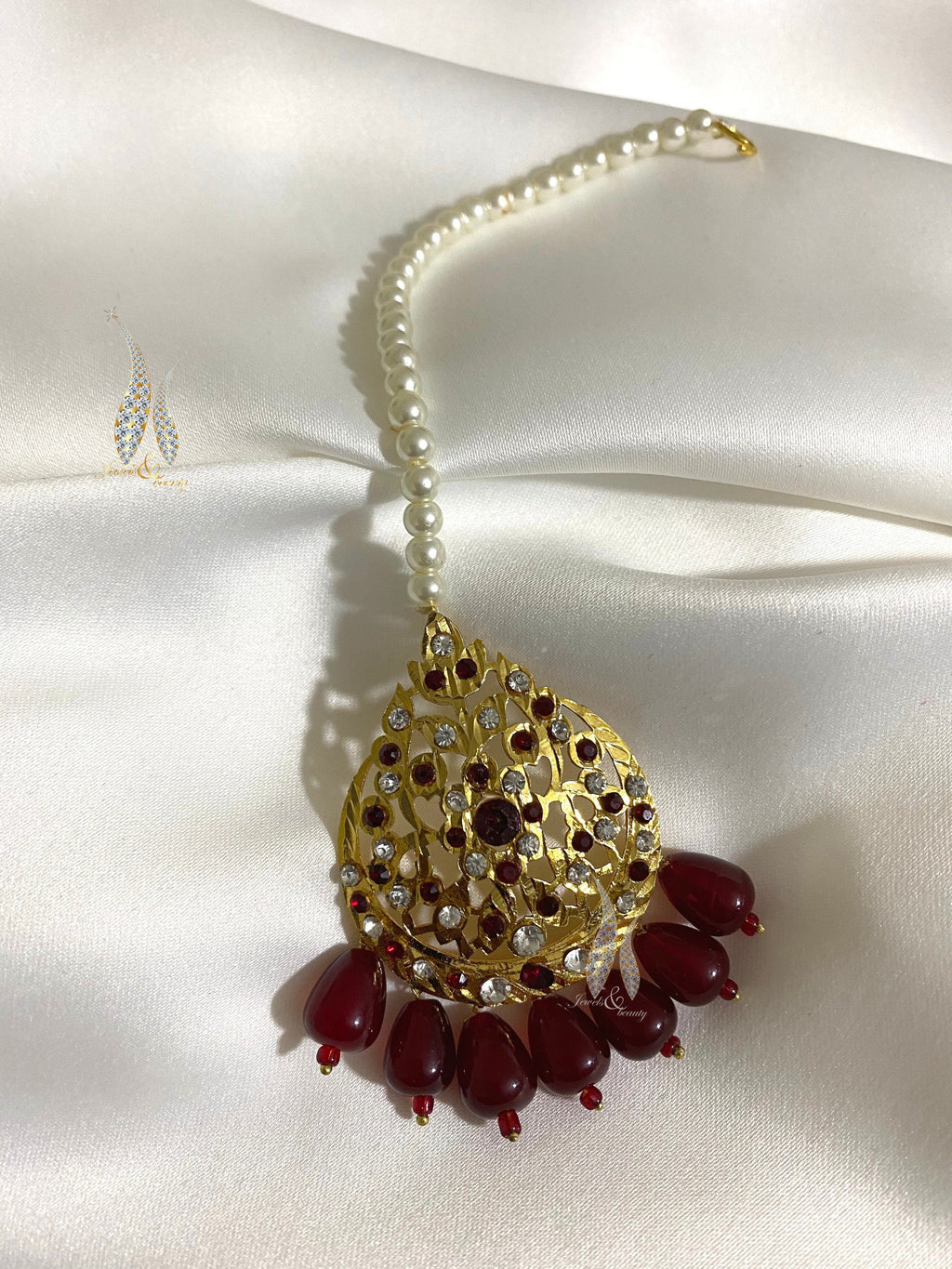 Handmade Gold Plated Jadau Tikka Headpiece: Bridal Navratan Jewelry