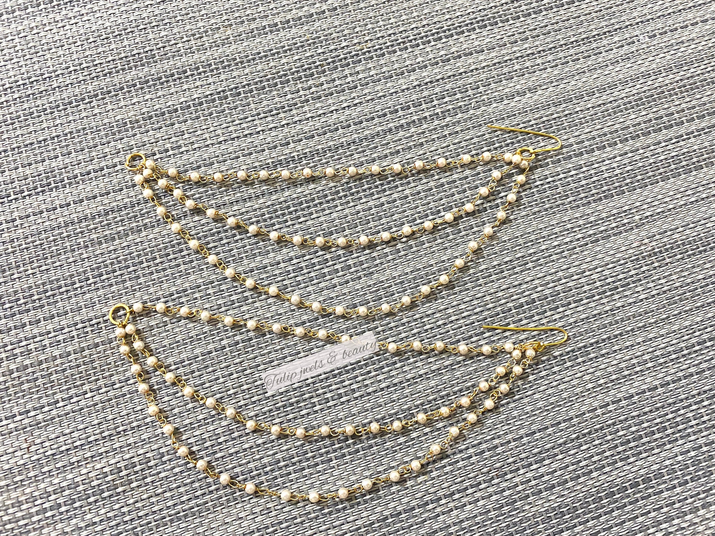 Gold Pearl Ear Chain, Indian Pakistani Jewelry, Detachable Ear Support