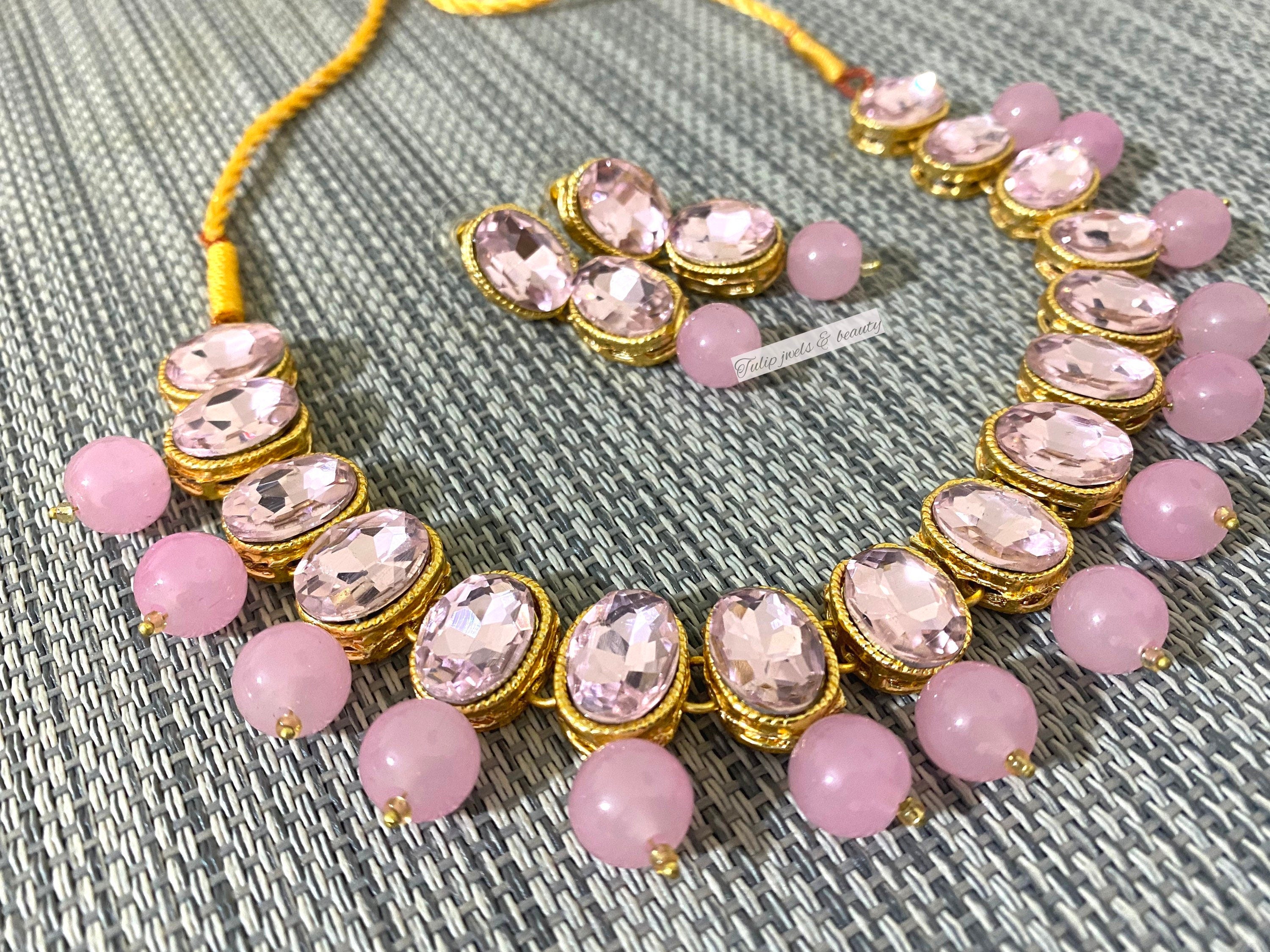 Indian Necklace Set: Pink Stone Pakistani Jewelry