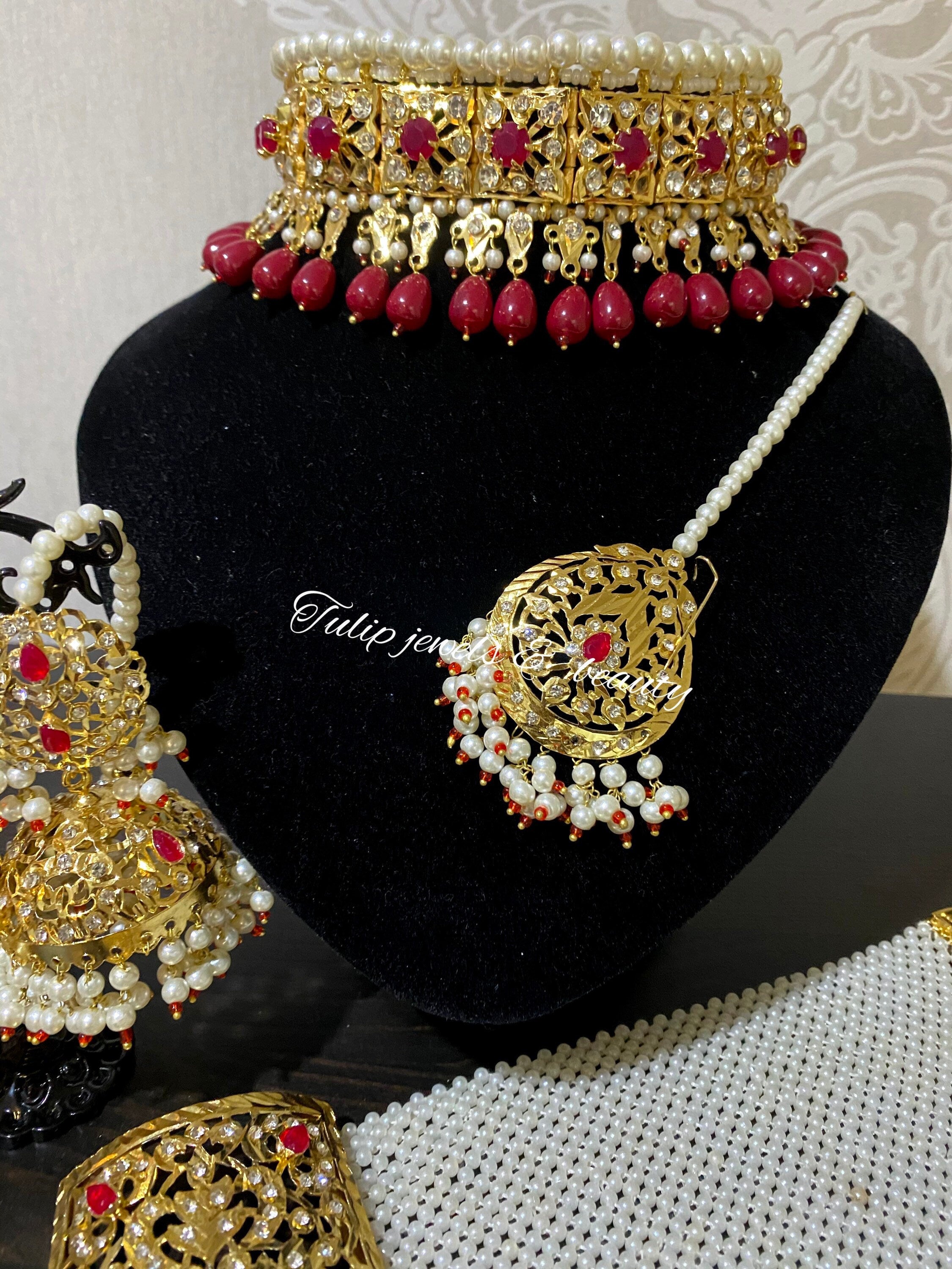 Handmade Hyderabadi Choker Set: Jadau Jhumka Earrings & Tikka