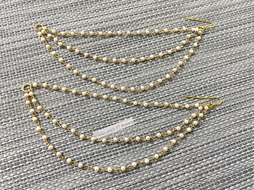 Gold Pearl Ear Chain, Indian Pakistani Jewelry, Detachable Ear Support
