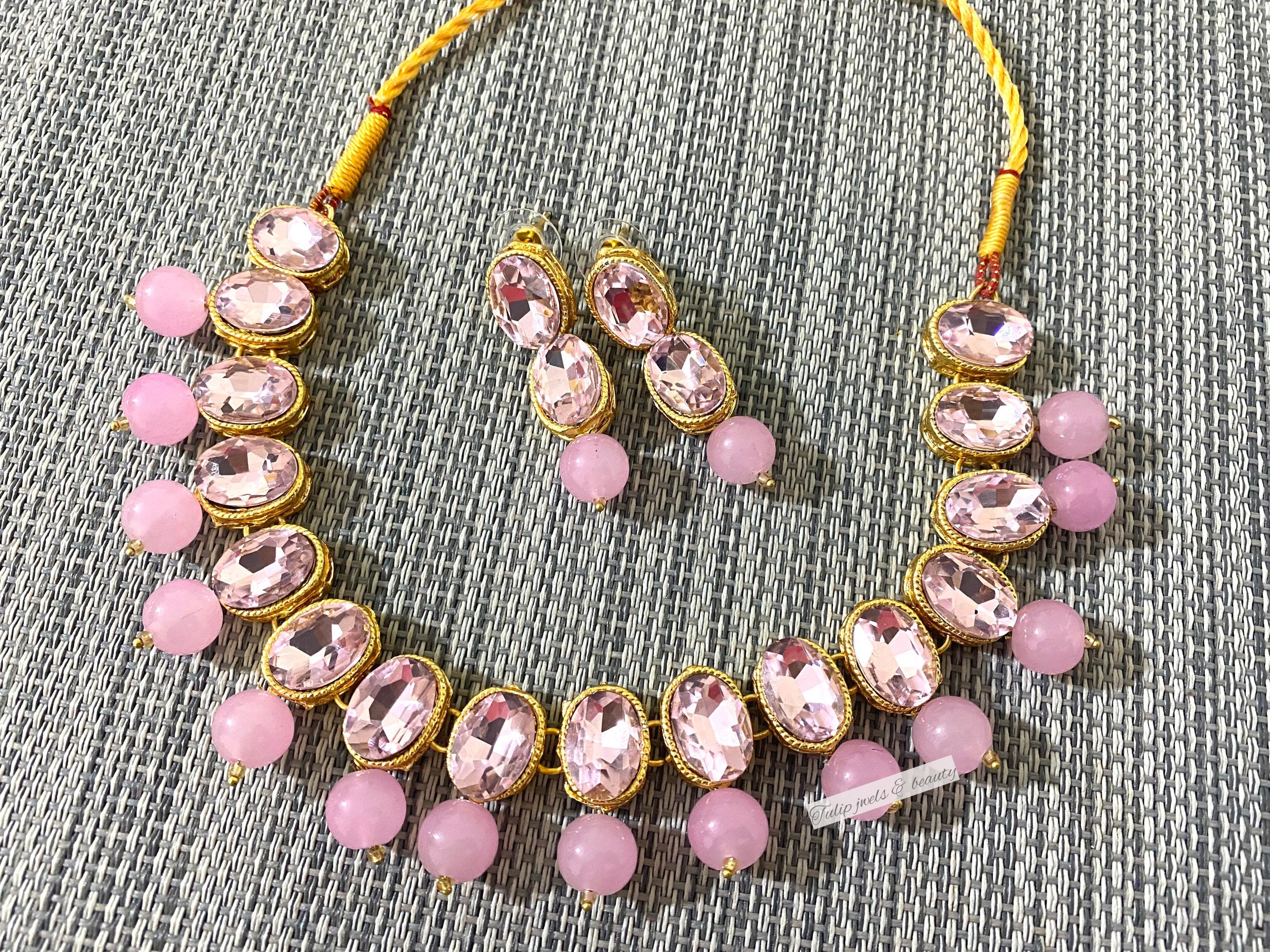 Indian Necklace Set: Pink Stone Pakistani Jewelry