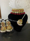 Handmade Hyderabadi Choker Set: Jadau Jhumka Earrings & Tikka