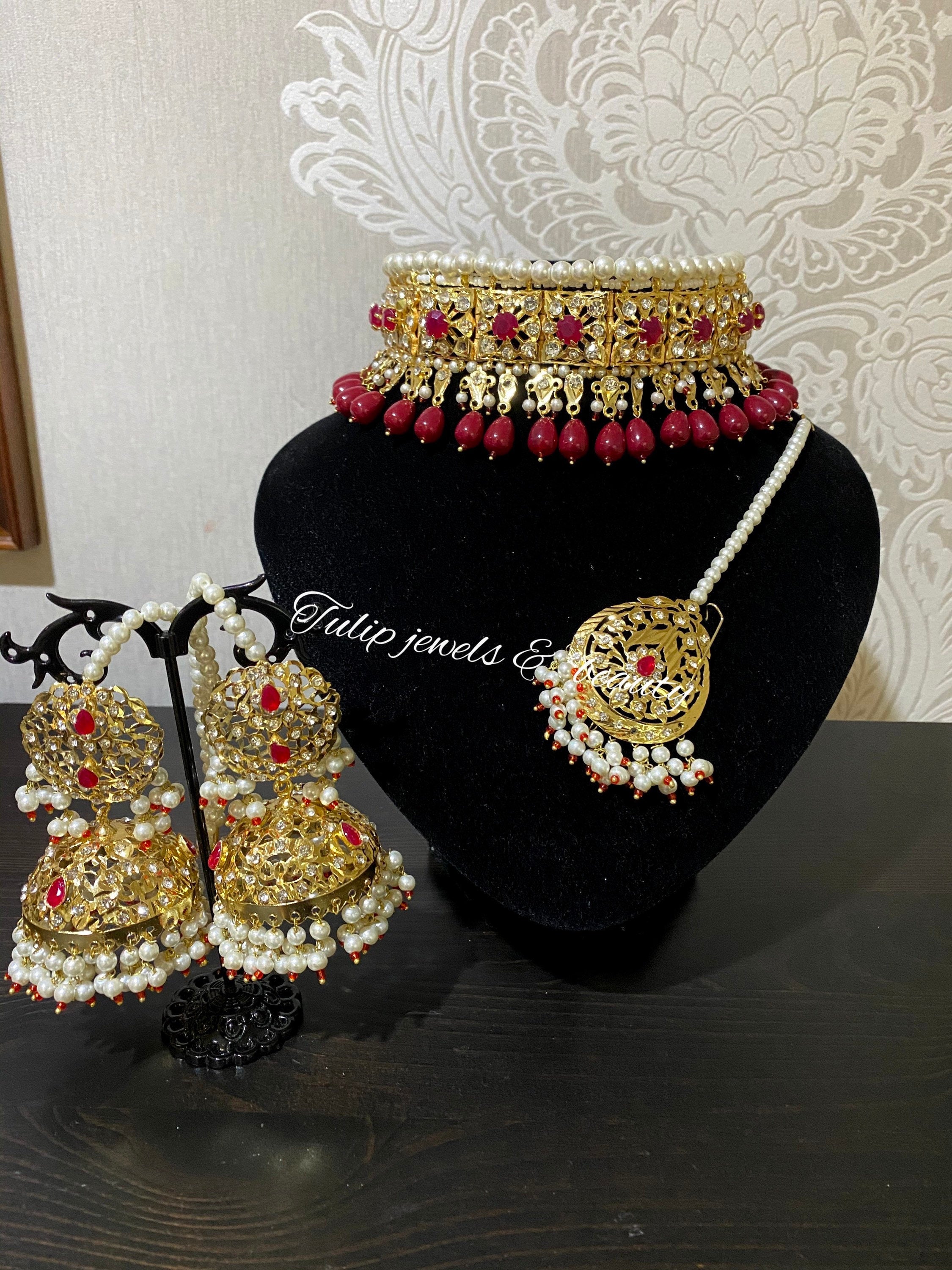 Handmade Hyderabadi Choker Set: Jadau Jhumka Earrings & Tikka