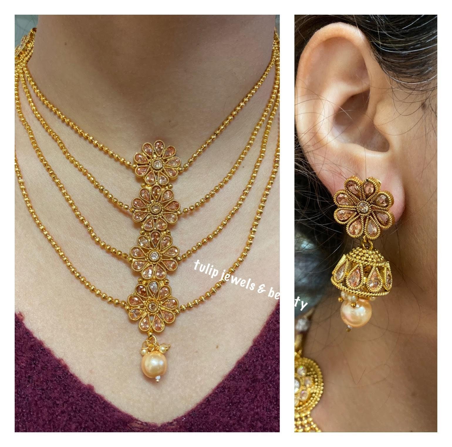 Gold Plated Polki Necklace Set: Indian Pakistani Jewelry