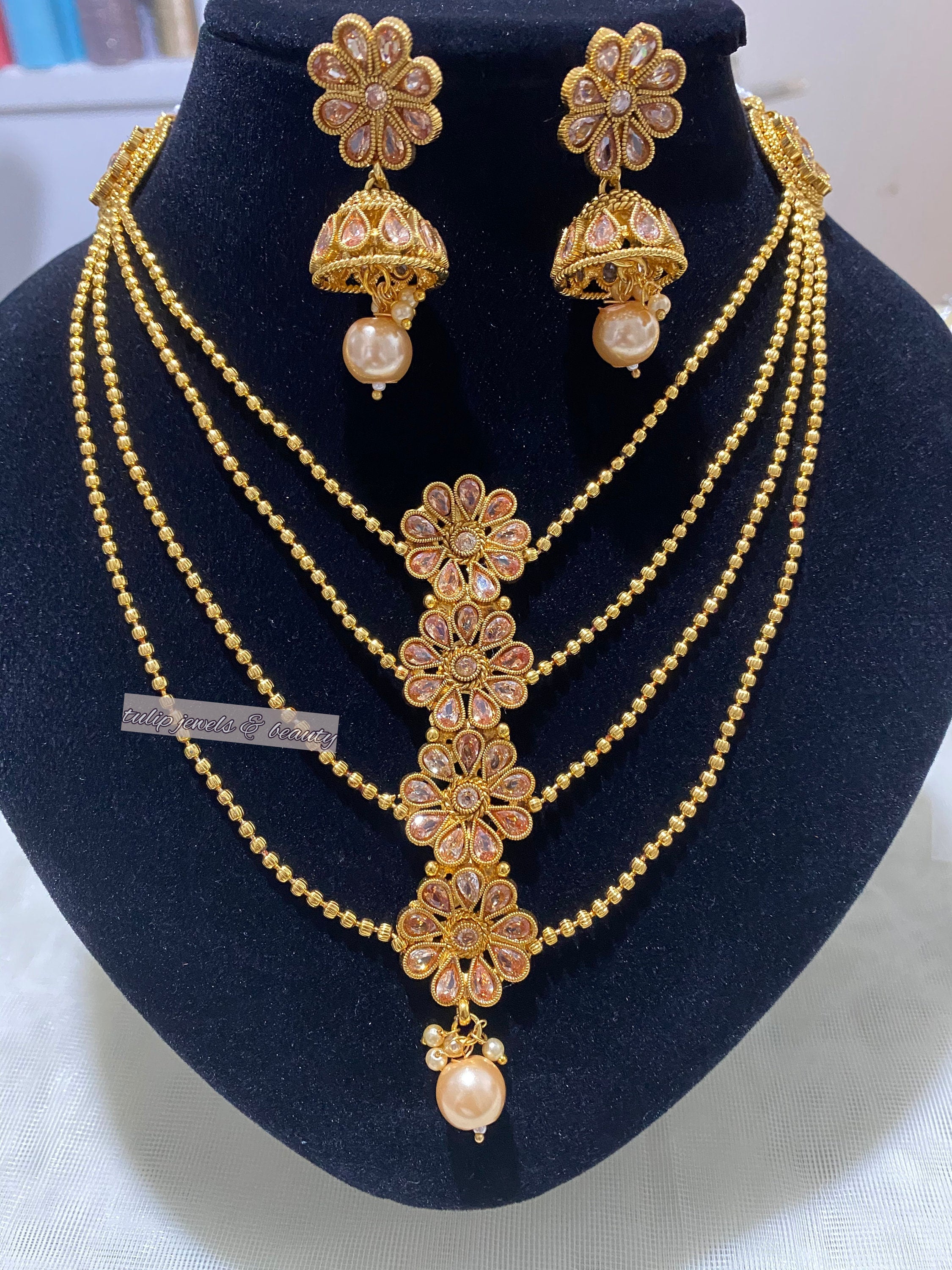 Gold Plated Polki Necklace Set: Indian Pakistani Jewelry