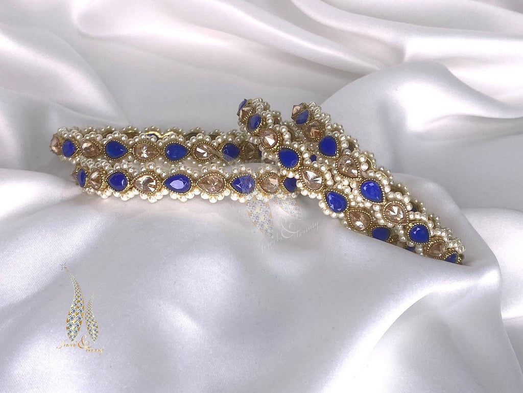 Indian Polki Bangles: Sapphire & Pearl Set of 4