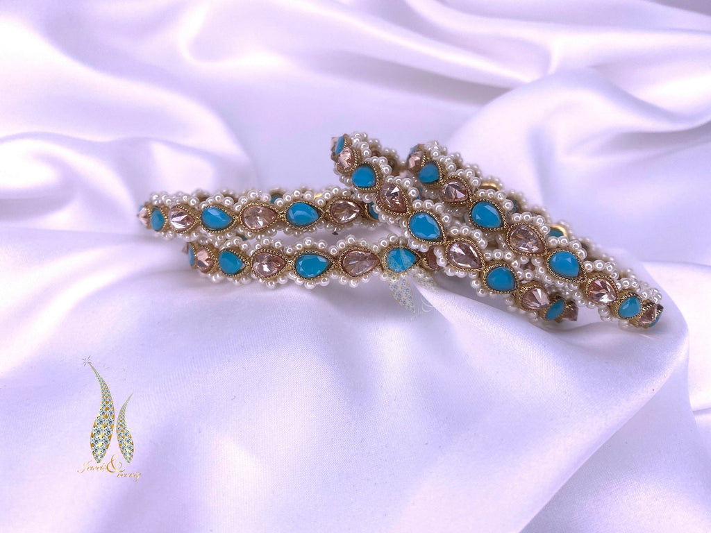 Indian Polki Bangles: Light Blue & Pearl Bracelet (Pair)