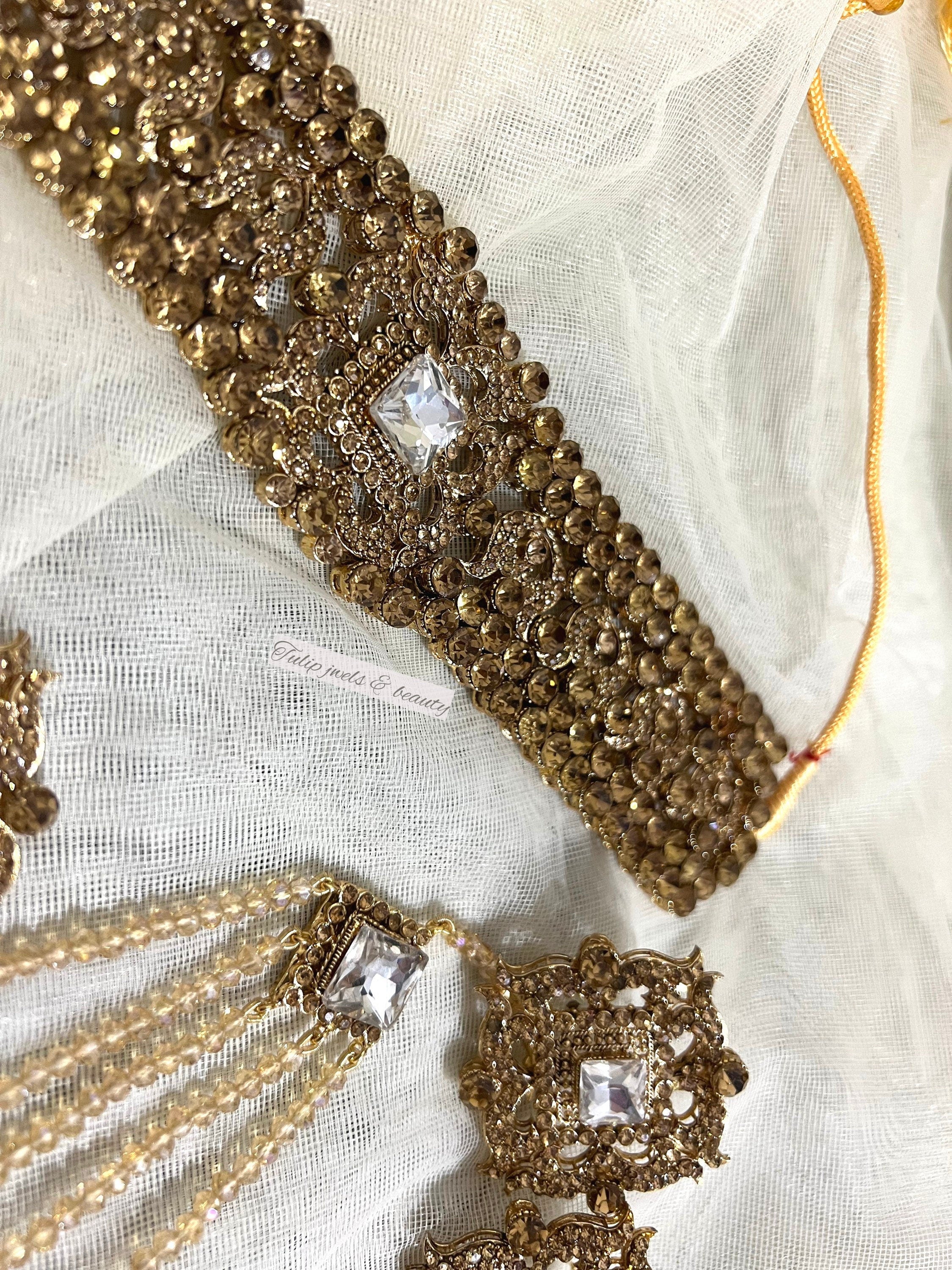 CZ Stone Indian Bridal Jewelry Set: Gold Plated Choker, Studs, Tikka, Jhummar