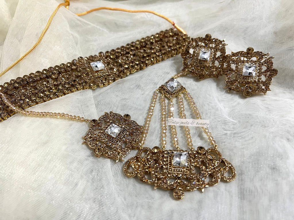 CZ Stone Indian Bridal Jewelry Set: Gold Plated Choker, Studs, Tikka, Jhummar