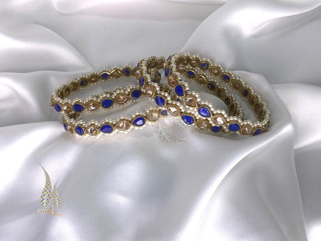 Indian Polki Bangles: Sapphire & Pearl Set of 4