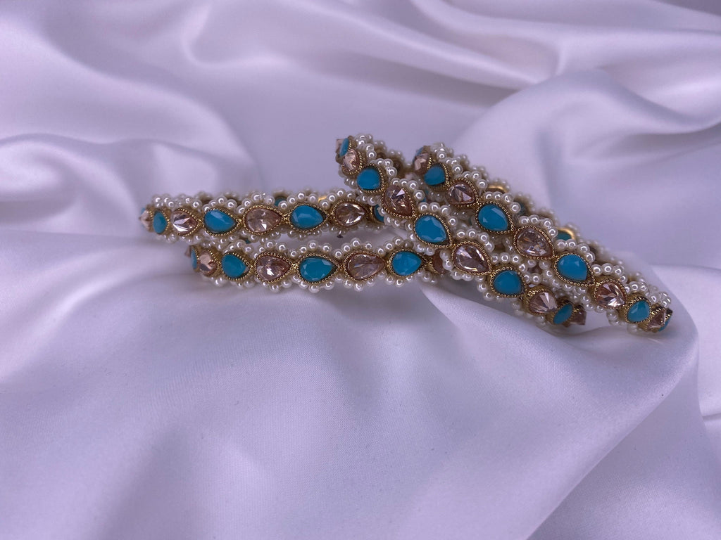 Indian Polki Bangles: Light Blue & Pearl Bracelet (Pair)
