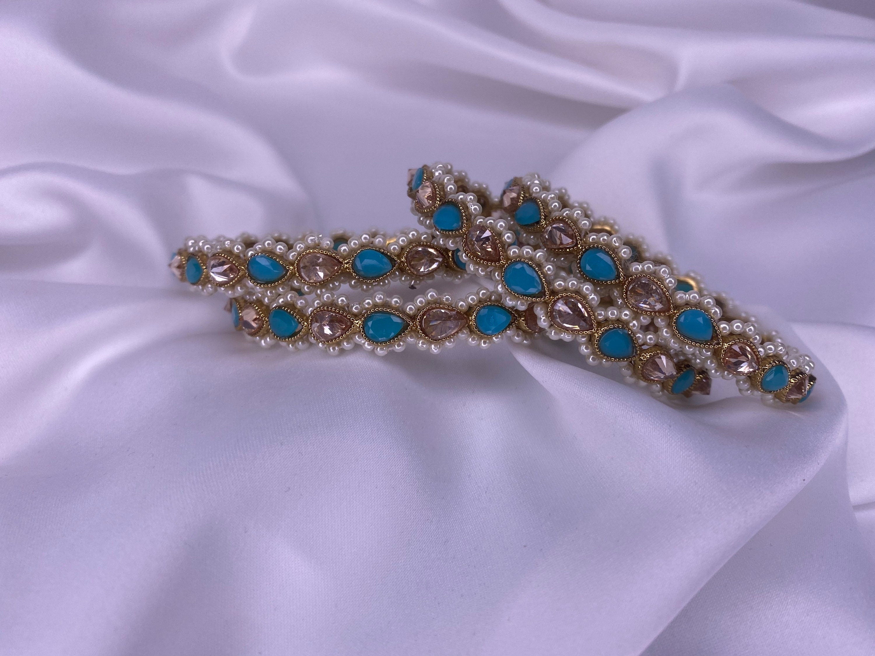 Indian Polki Bangles: Light Blue & Pearl Bracelet (Pair)