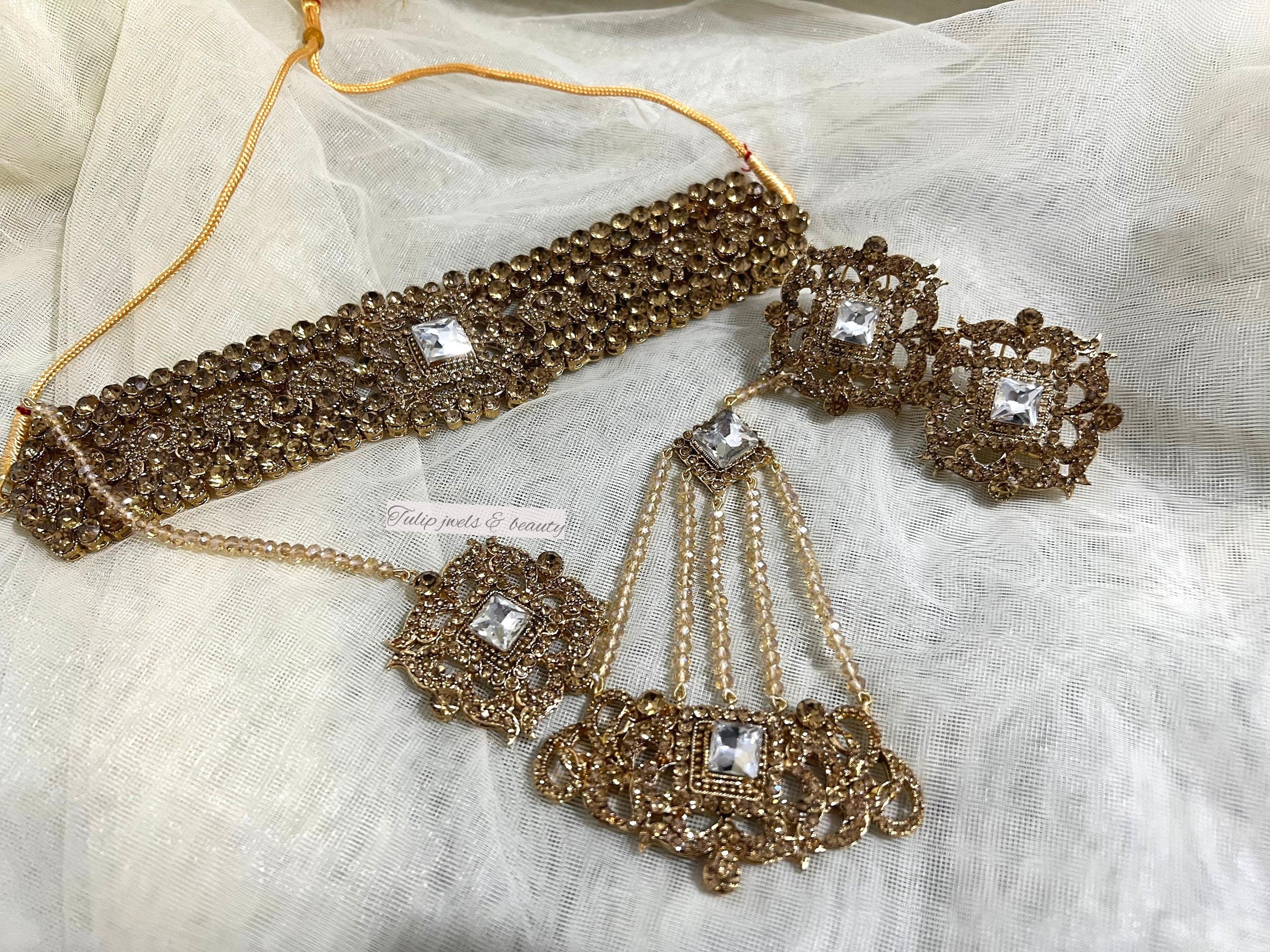 CZ Stone Indian Bridal Jewelry Set: Gold Plated Choker, Studs, Tikka, Jhummar
