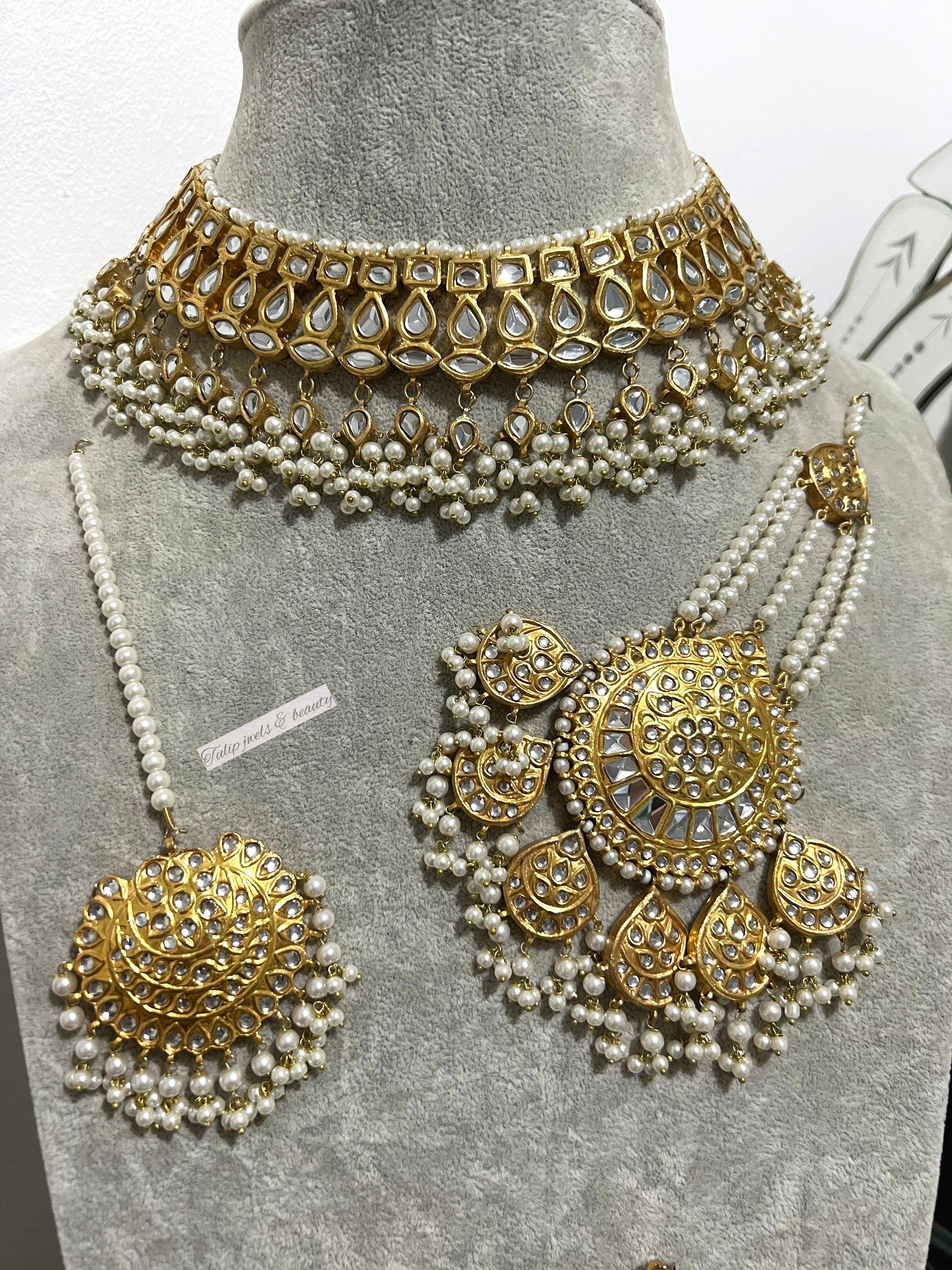 24ct Gold Plated Kundan Bridal Jewelry Set: Necklace, Earrings, Tika & Jhummar