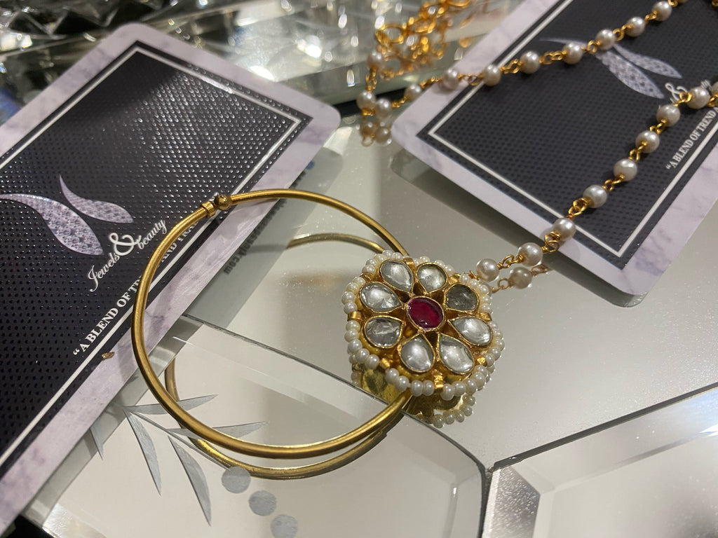 Kundan Nose Ring Nath: Gold Plated Indian Bridal Jewelry