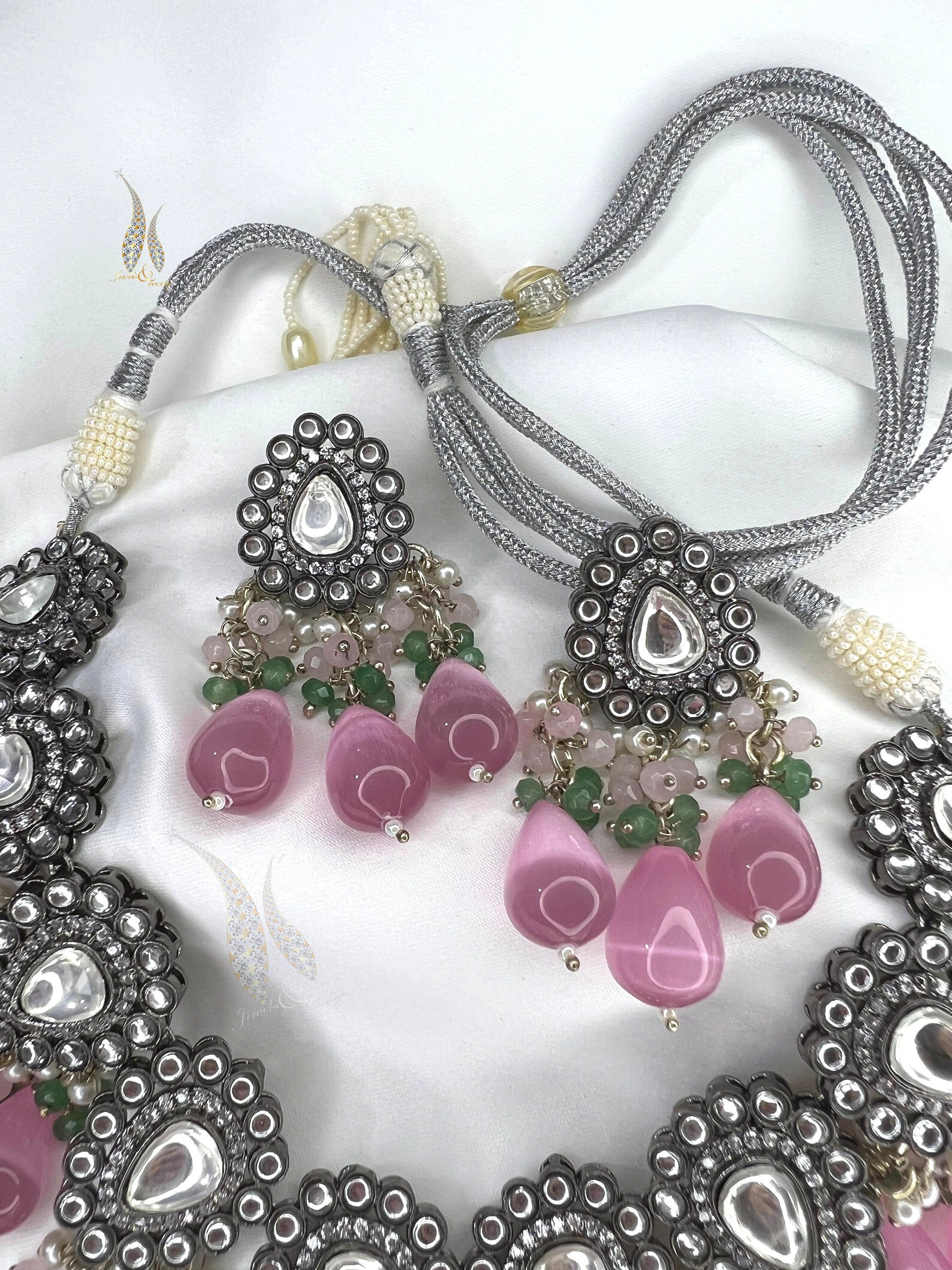 Kundan Necklace & Stud Earrings Set with Tea Pink Beads Indian jewelry, Pakistani Jewellery set,