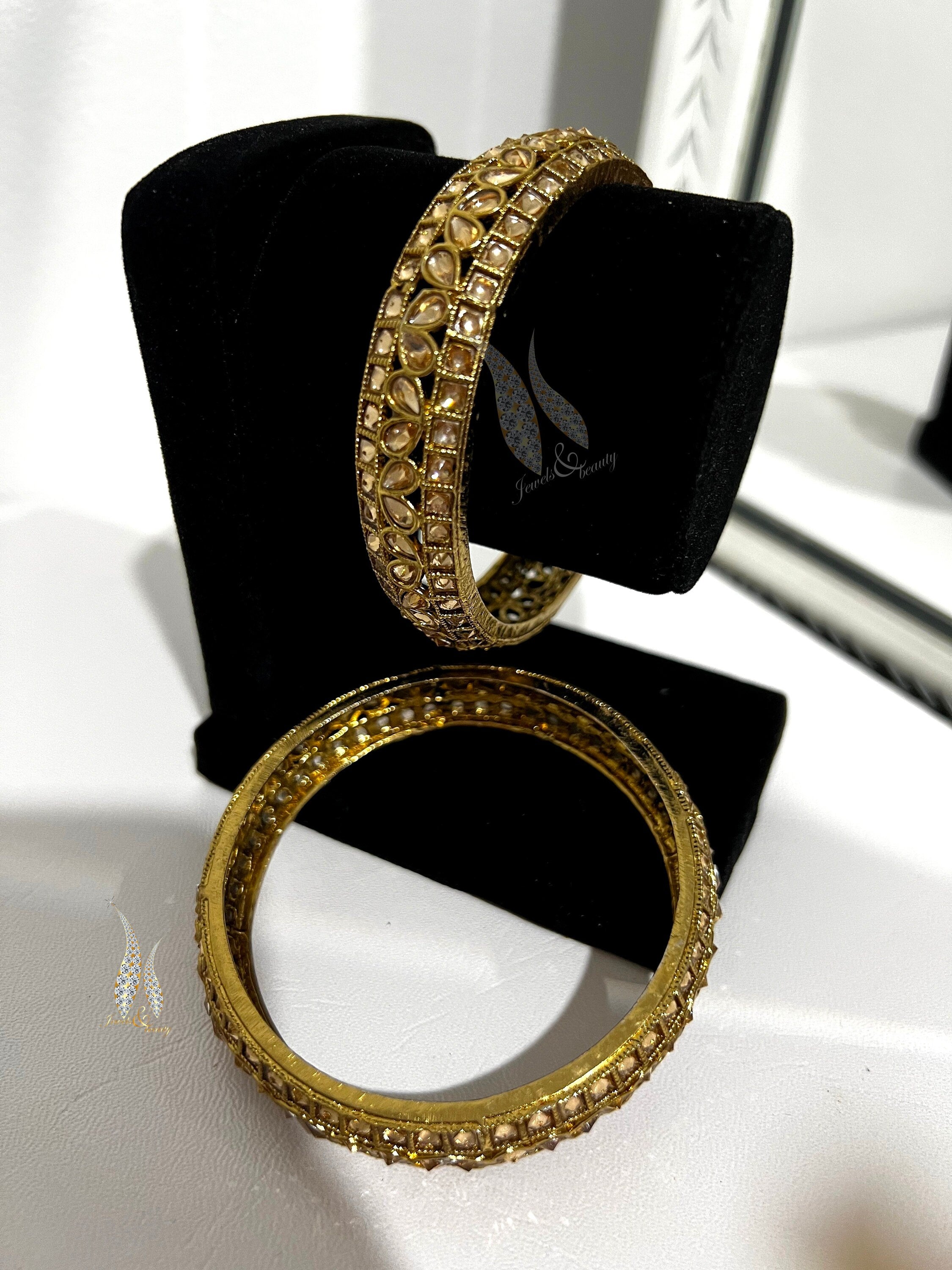 Polki Indian Bangles Bracelet: Antique Gold Wedding Bangles, Size 2.8 (2pcs)