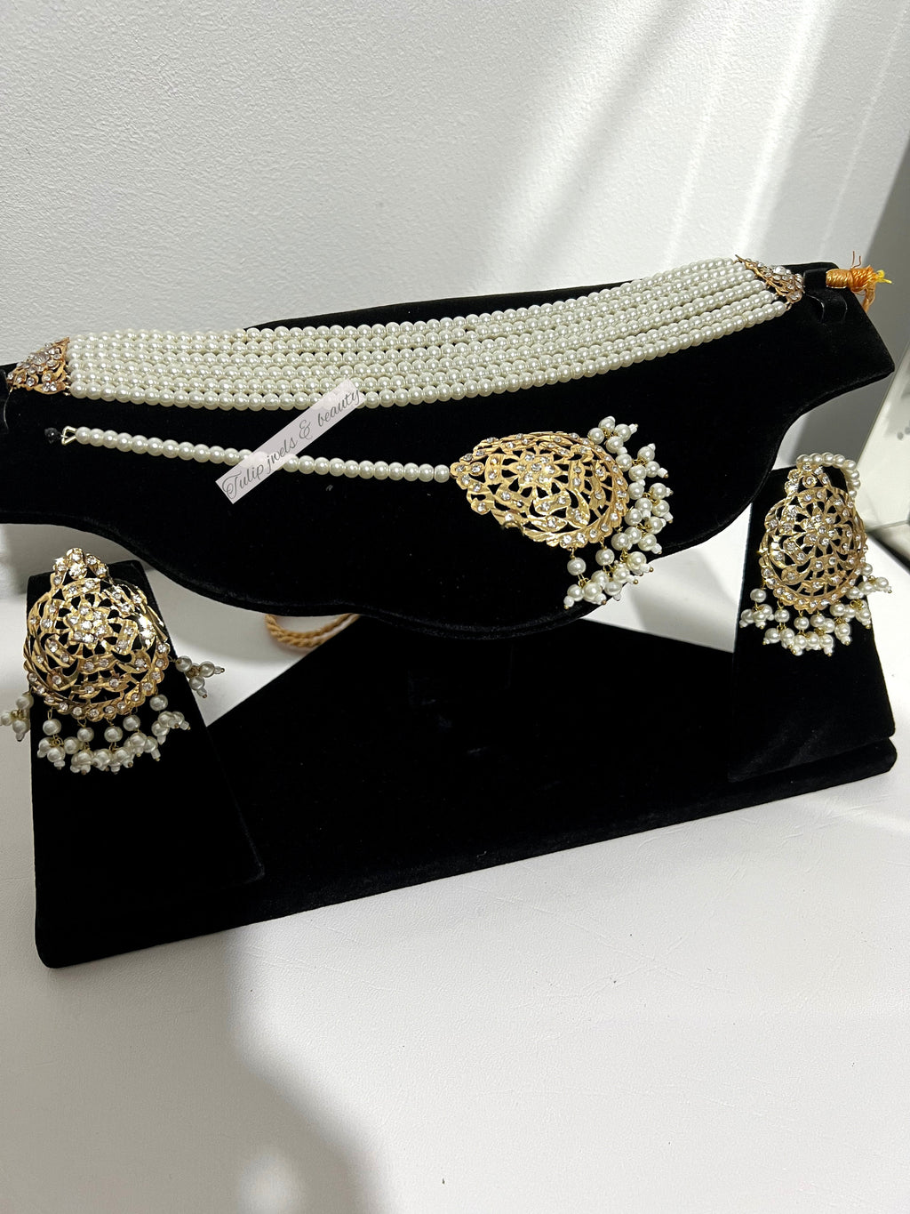 Handcrafted Gold Plated Bridal Choker Set: Pearls & Tikka