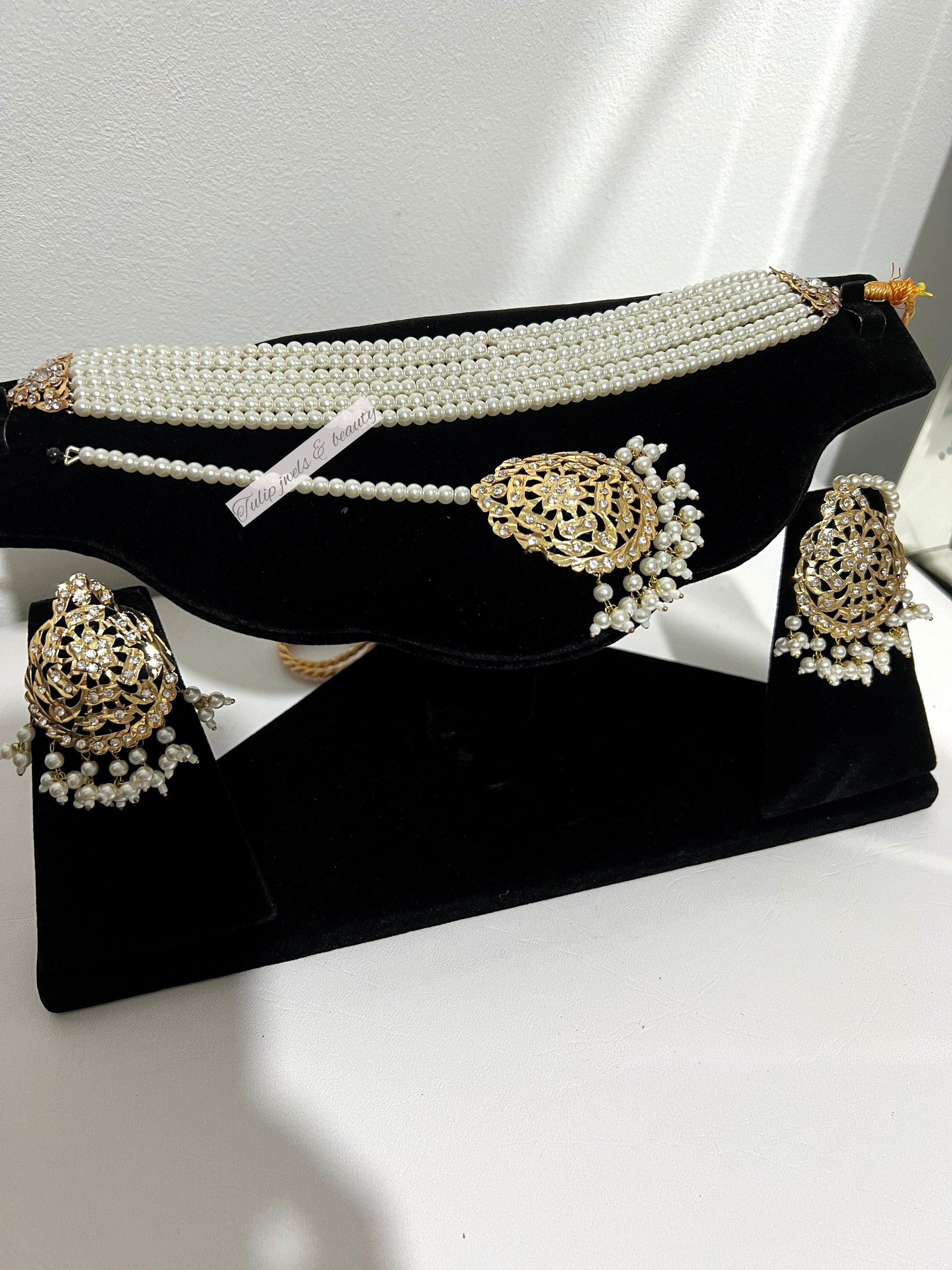 Handcrafted Gold Plated Bridal Choker Set: Pearls & Tikka