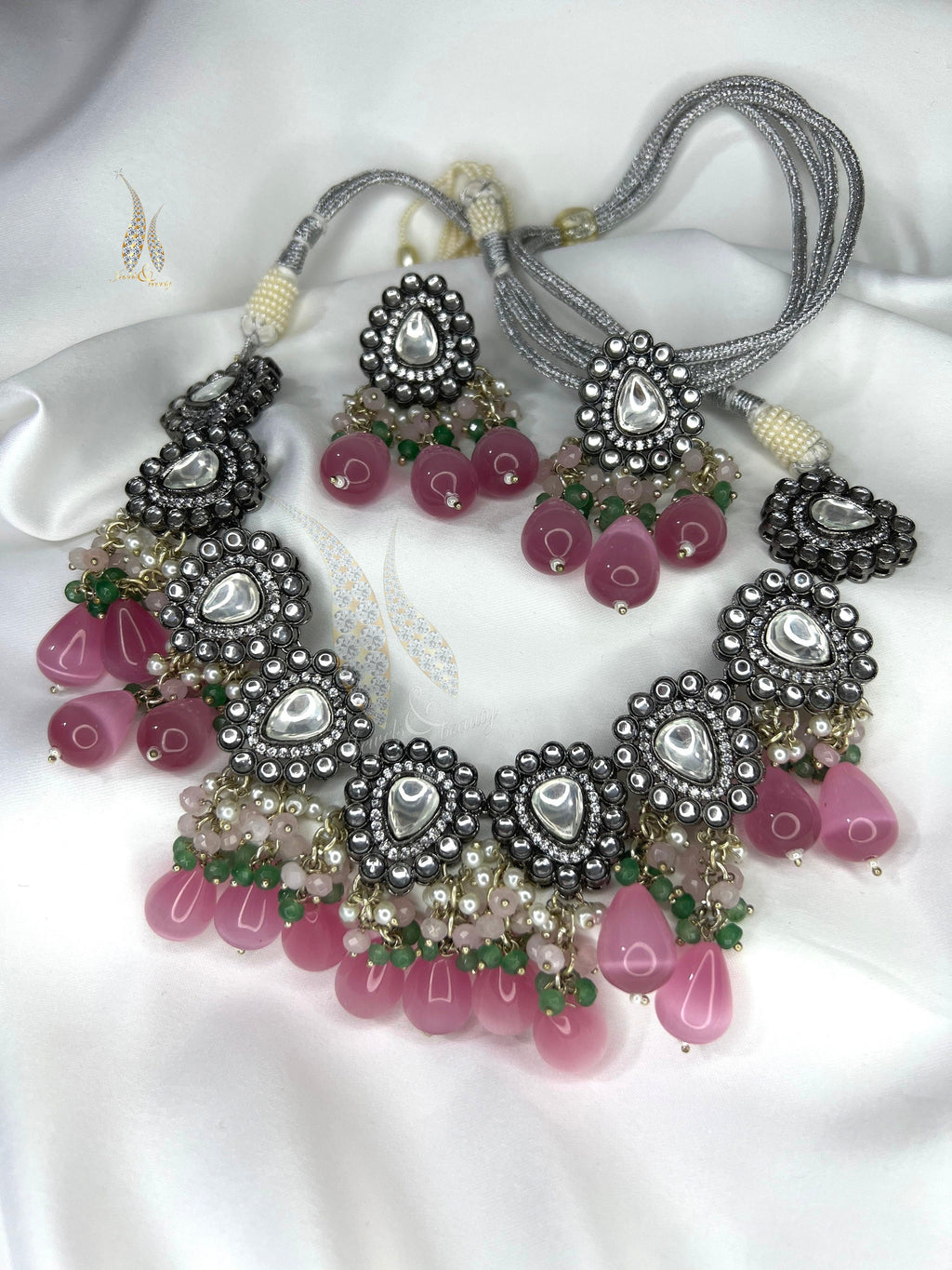 Kundan Necklace & Stud Earrings Set with Tea Pink Beads Indian jewelry, Pakistani Jewellery set,