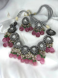 Kundan Necklace & Stud Earrings Set with Tea Pink Beads Indian jewelry, Pakistani Jewellery set,