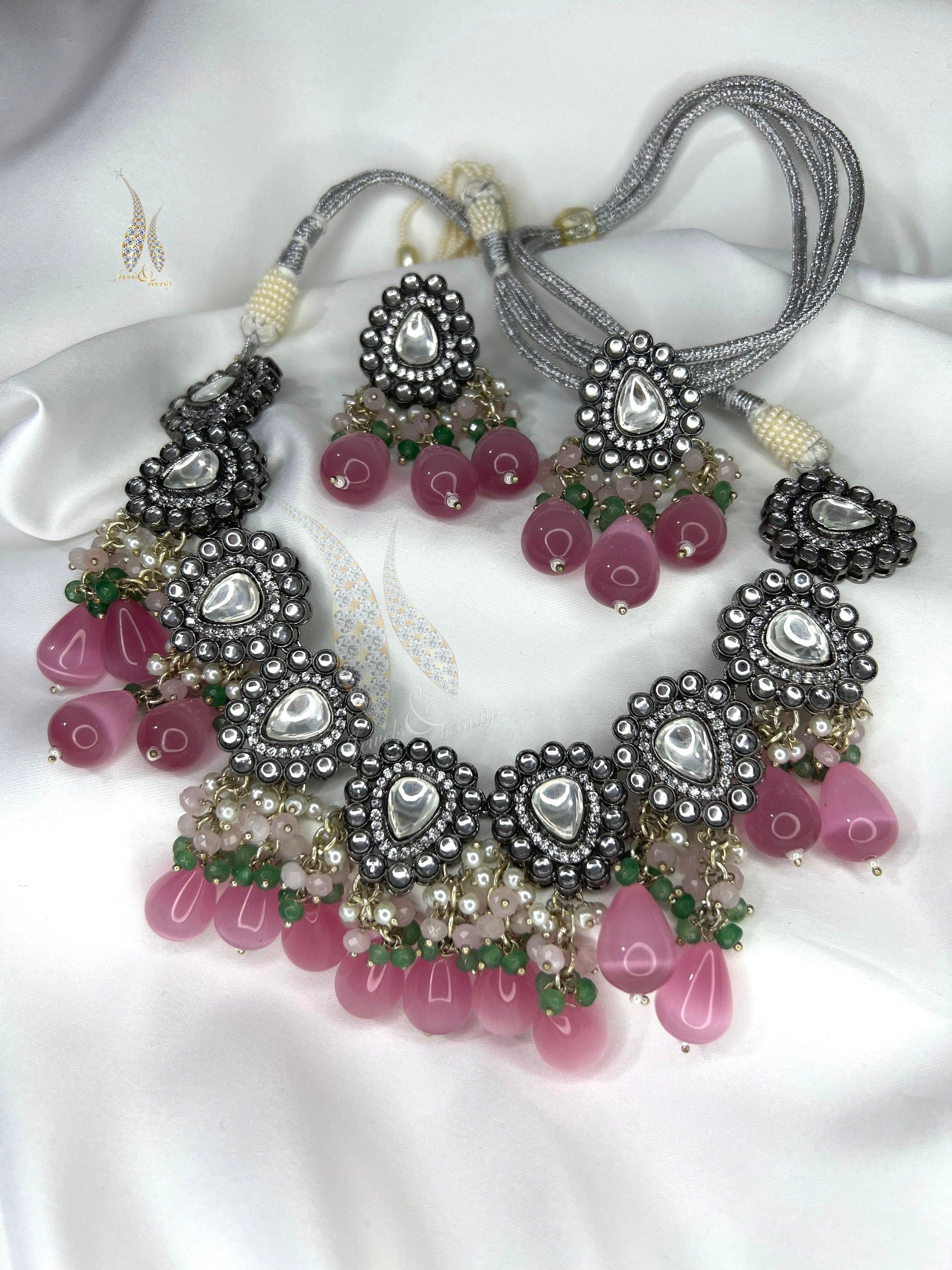 Kundan Necklace & Stud Earrings Set with Tea Pink Beads Indian jewelry, Pakistani Jewellery set,