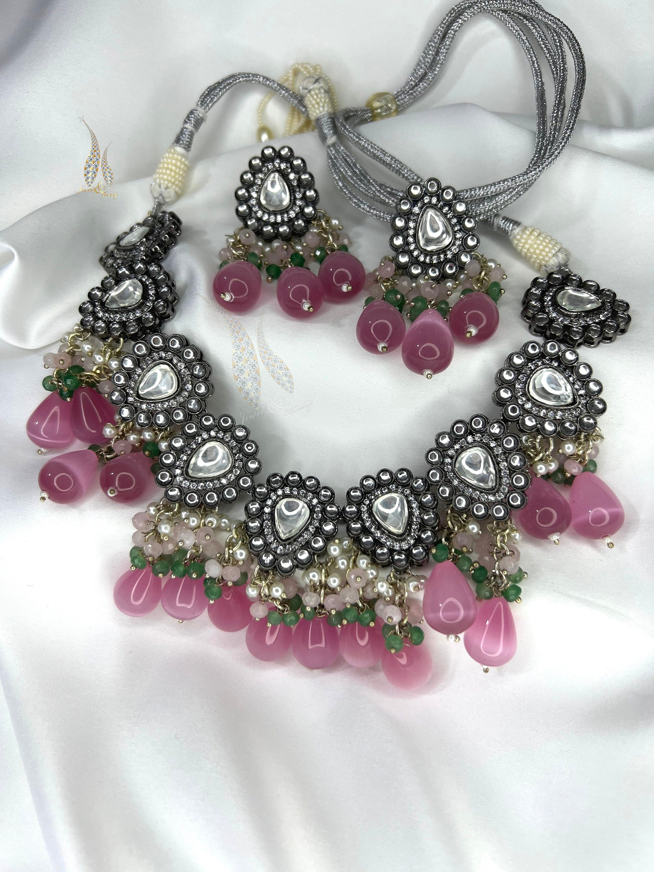 Kundan Necklace & Stud Earrings Set with Tea Pink Beads Indian jewelry, Pakistani Jewellery set,