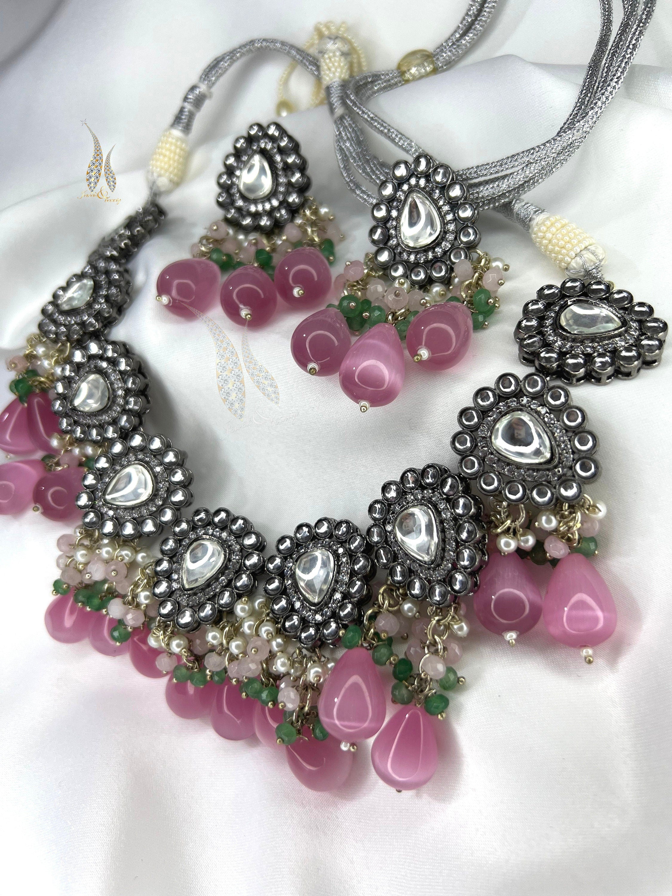 Kundan Necklace & Stud Earrings Set with Tea Pink Beads Indian jewelry, Pakistani Jewellery set,