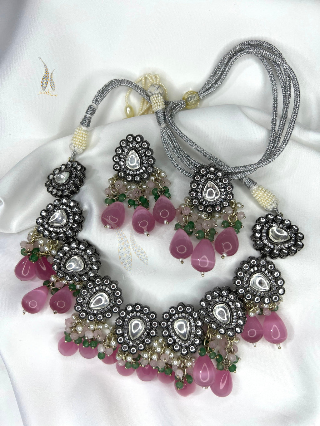Kundan Necklace & Stud Earrings Set with Tea Pink Beads Indian jewelry, Pakistani Jewellery set,