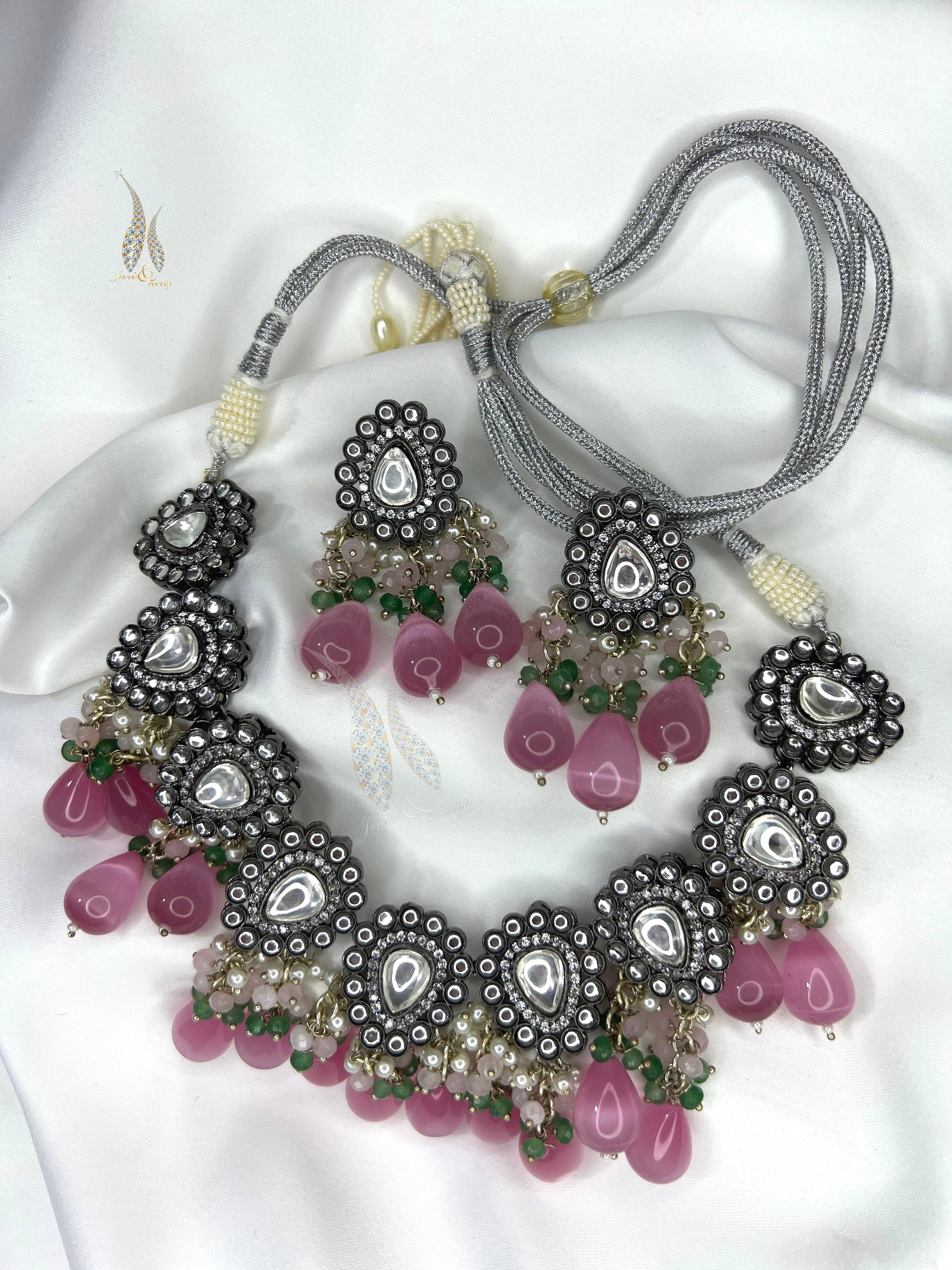 Kundan Necklace & Stud Earrings Set with Tea Pink Beads Indian jewelry, Pakistani Jewellery set,