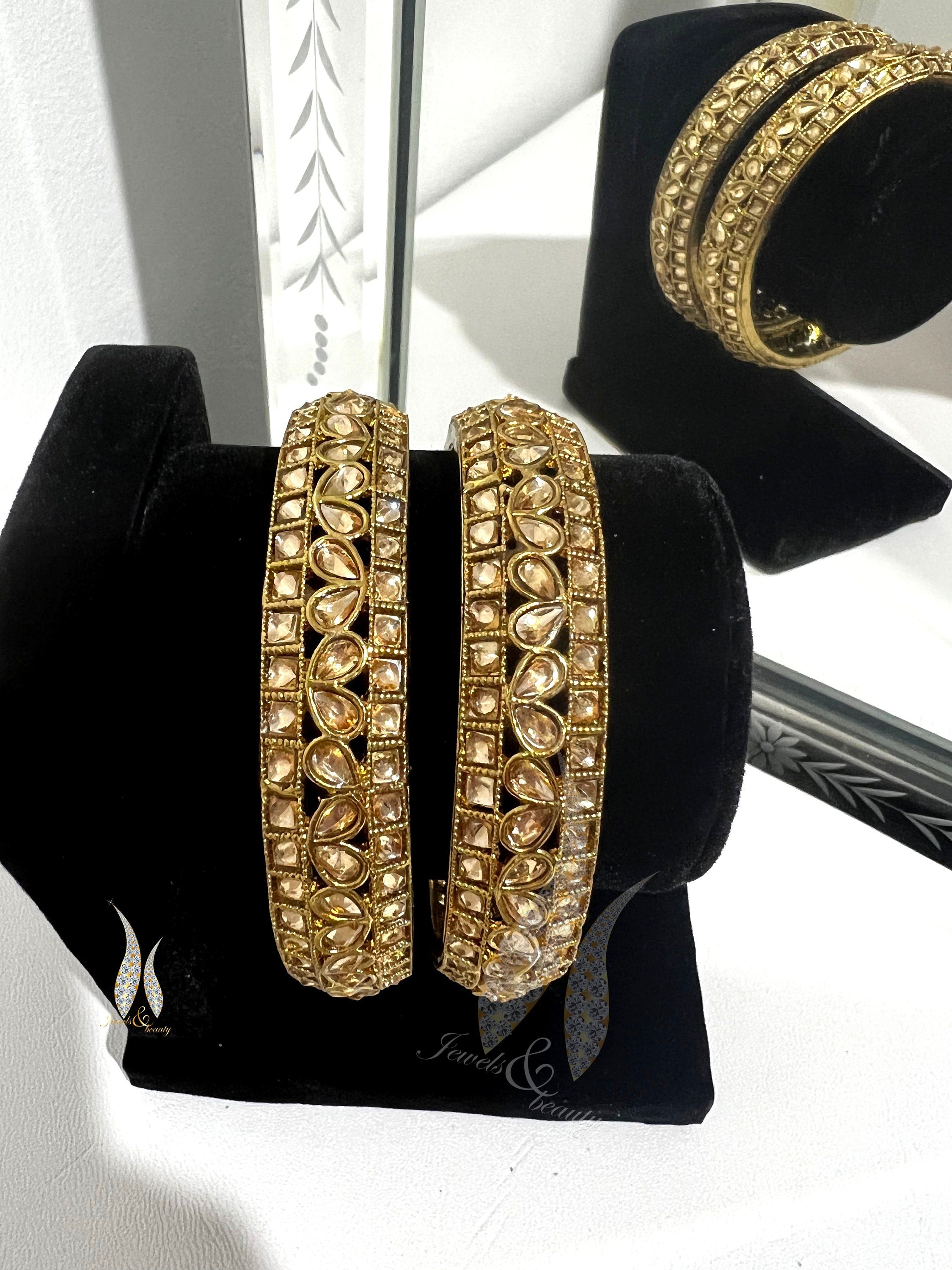 Polki Indian Bangles Bracelet: Antique Gold Wedding Bangles, Size 2.8 (2pcs)