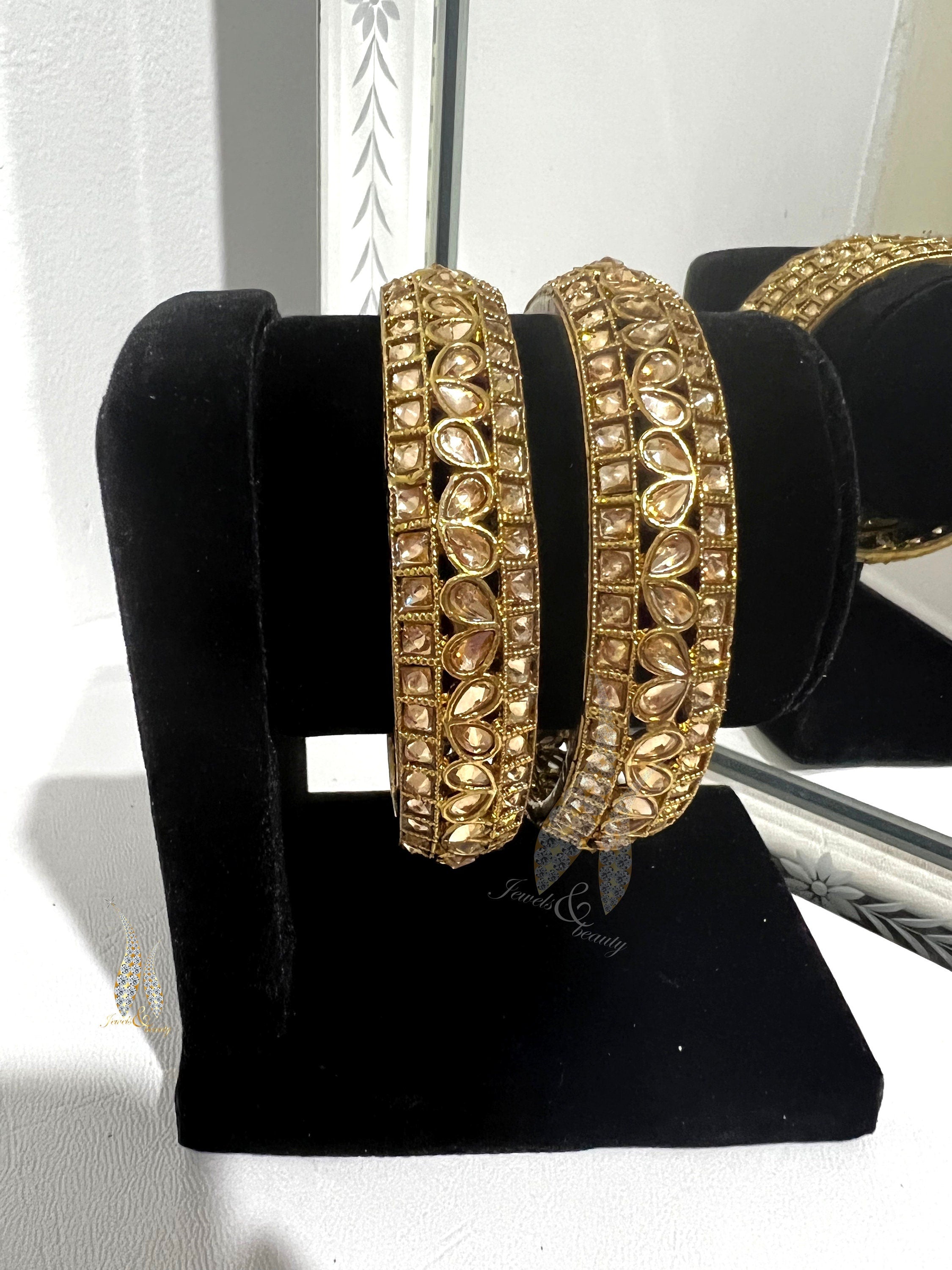 Polki Indian Bangles Bracelet: Antique Gold Wedding Bangles, Size 2.8 (2pcs)