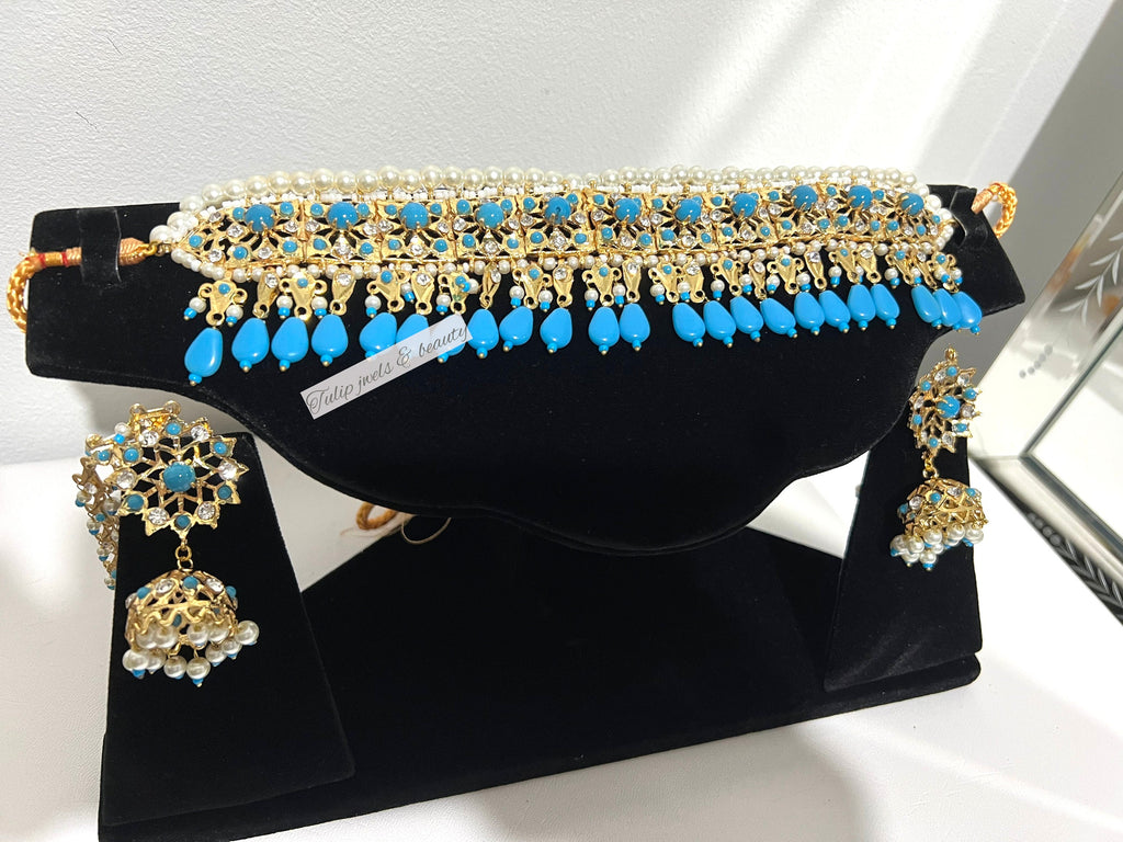 Traditional Indian Pakistani jadu jewellery ethnic choker set bridal jewellery gold plated jewellery hyderabadi jewellery,turquoise  jewelry