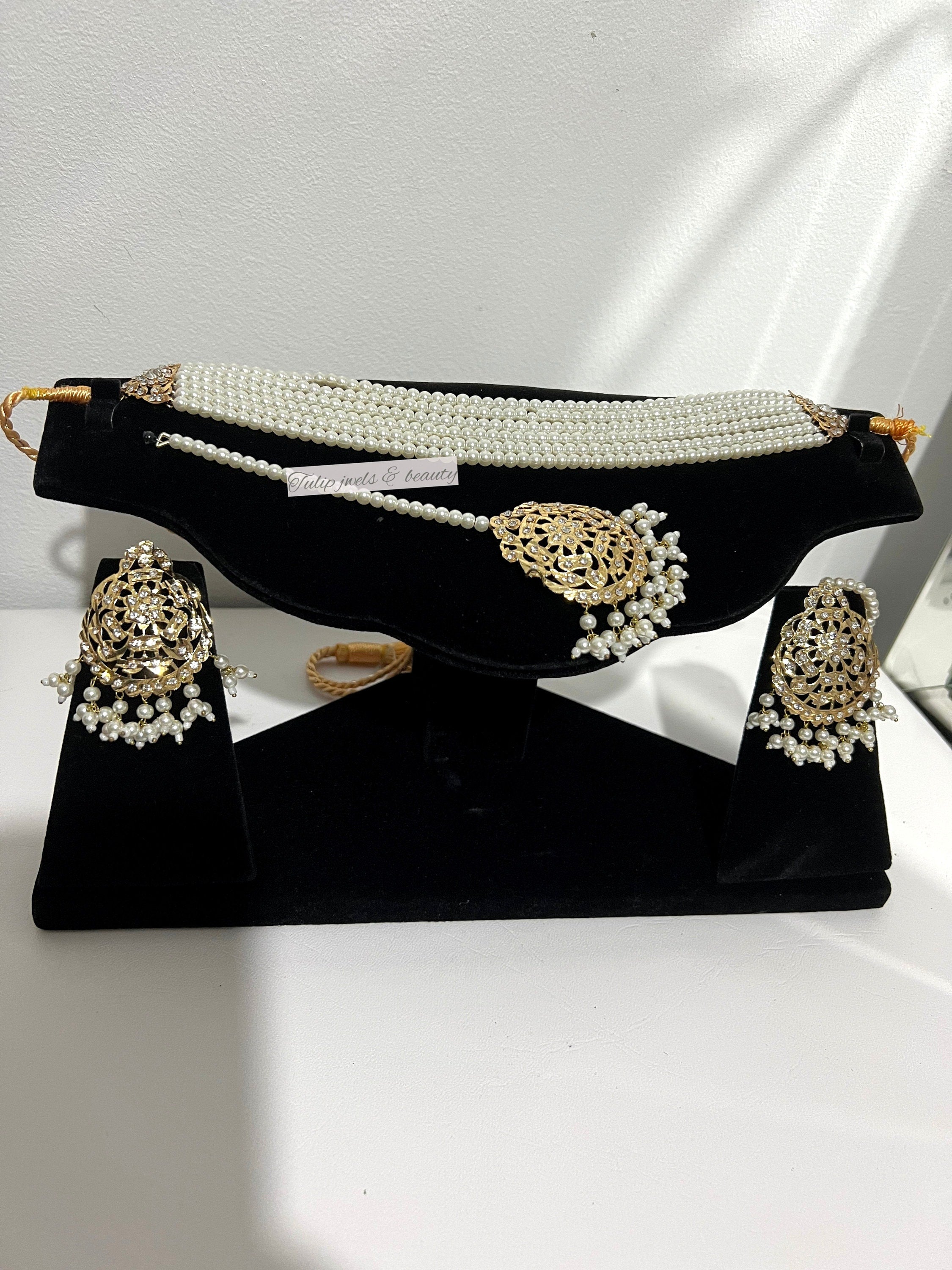 Handcrafted Gold Plated Bridal Choker Set: Pearls & Tikka