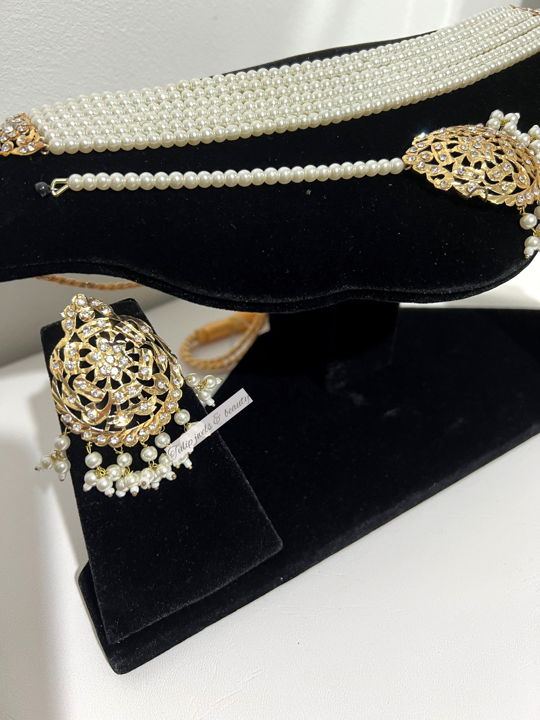 Handcrafted Gold Plated Bridal Choker Set: Pearls & Tikka