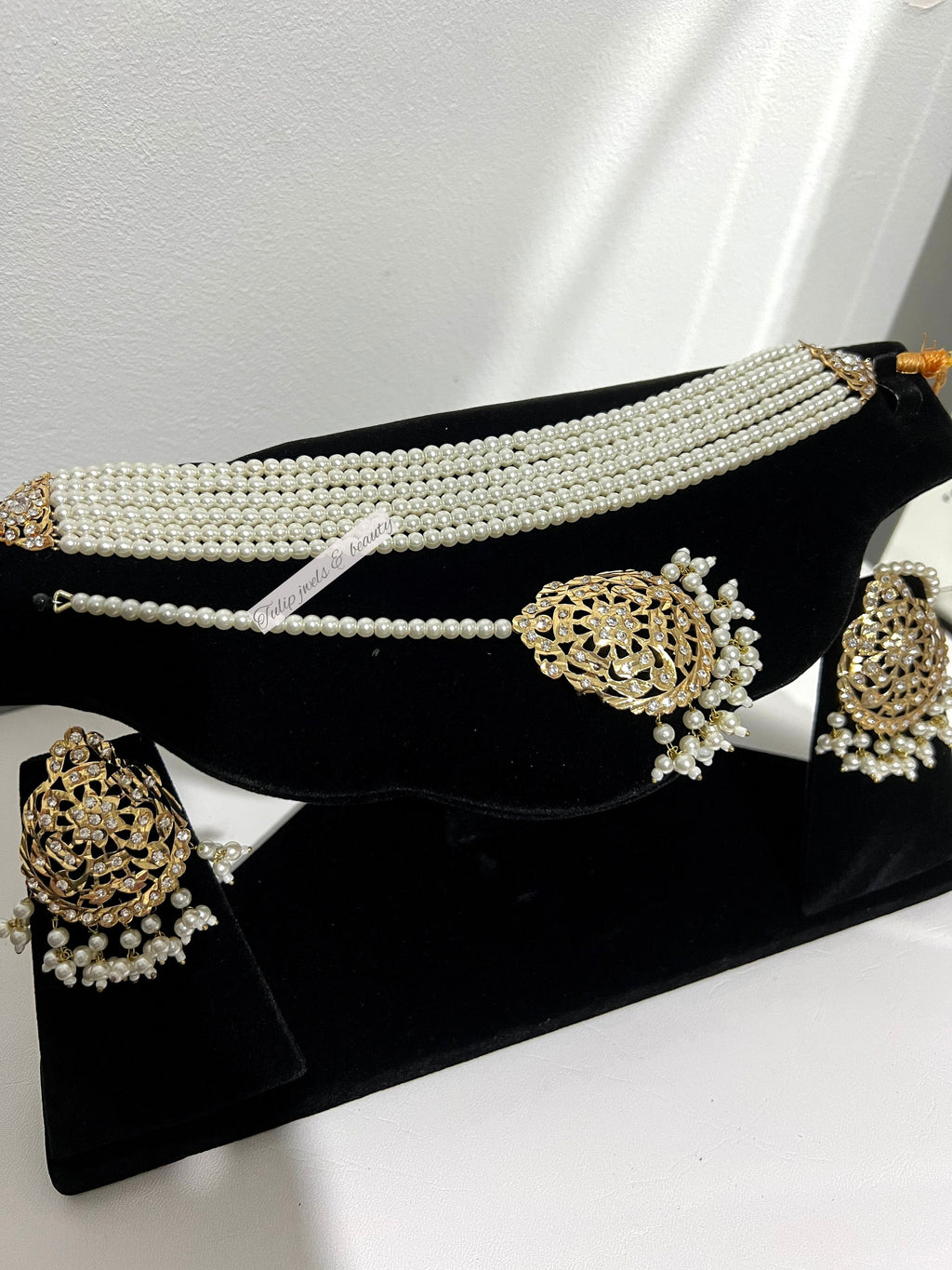 Handcrafted Gold Plated Bridal Choker Set: Pearls & Tikka